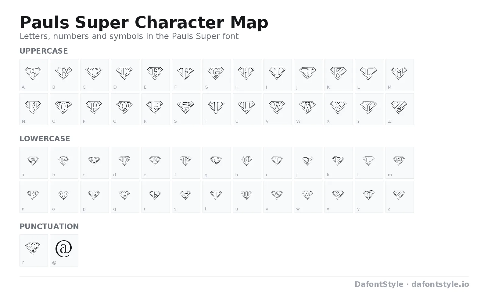 Pauls Super font character map with uppercase and lowercase letters, numbers and symbols
