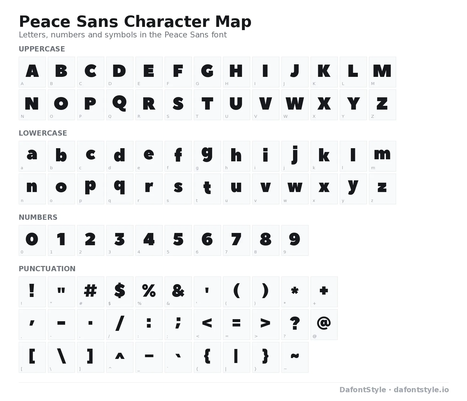 Peace Sans font character map with uppercase and lowercase letters, numbers and symbols
