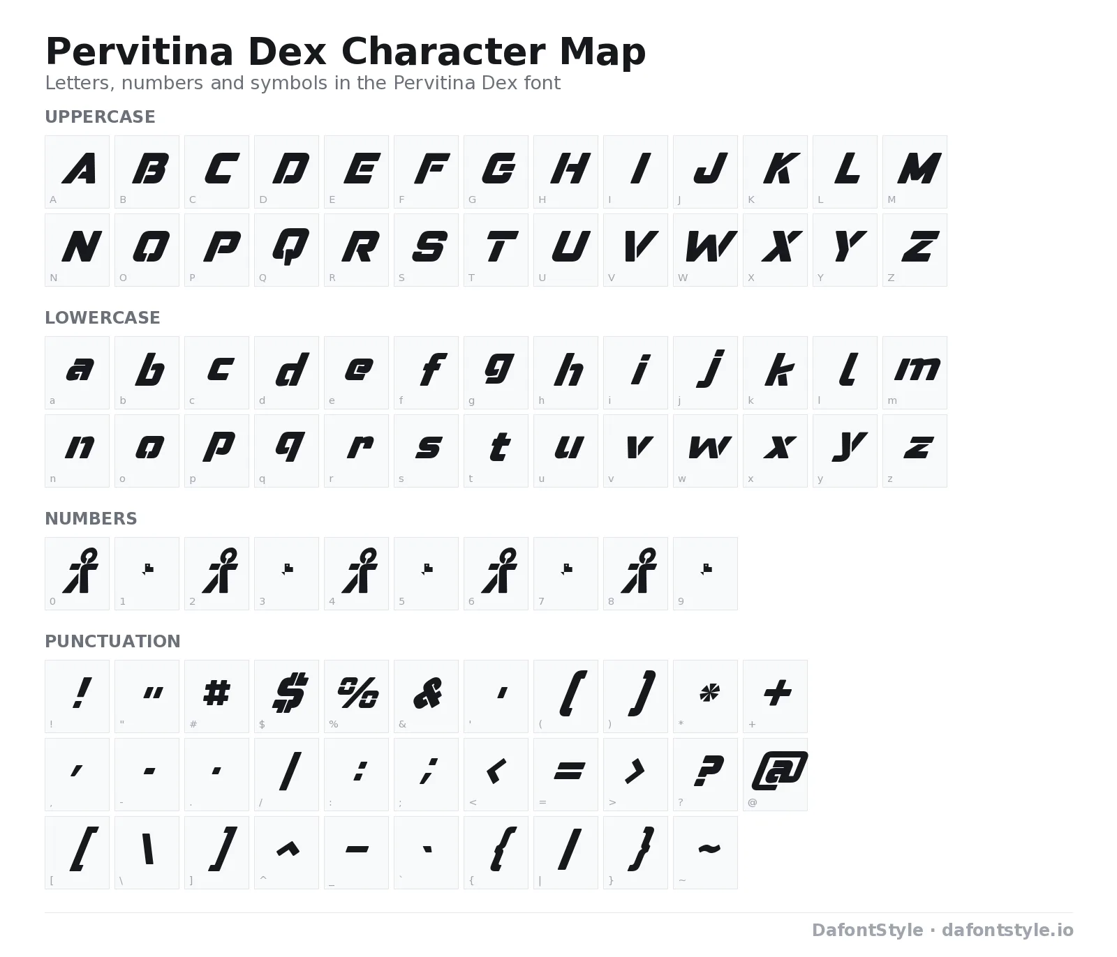 Pervitina Dex font character map with uppercase and lowercase letters, numbers and symbols