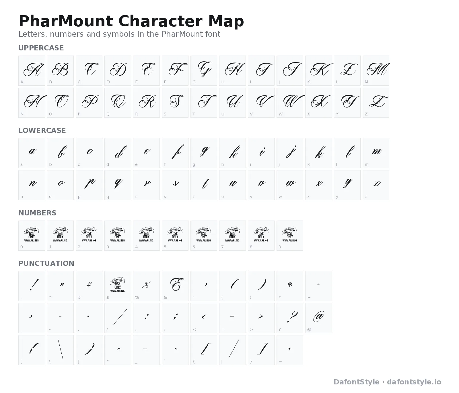 PharMount font character map with uppercase and lowercase letters, numbers and symbols