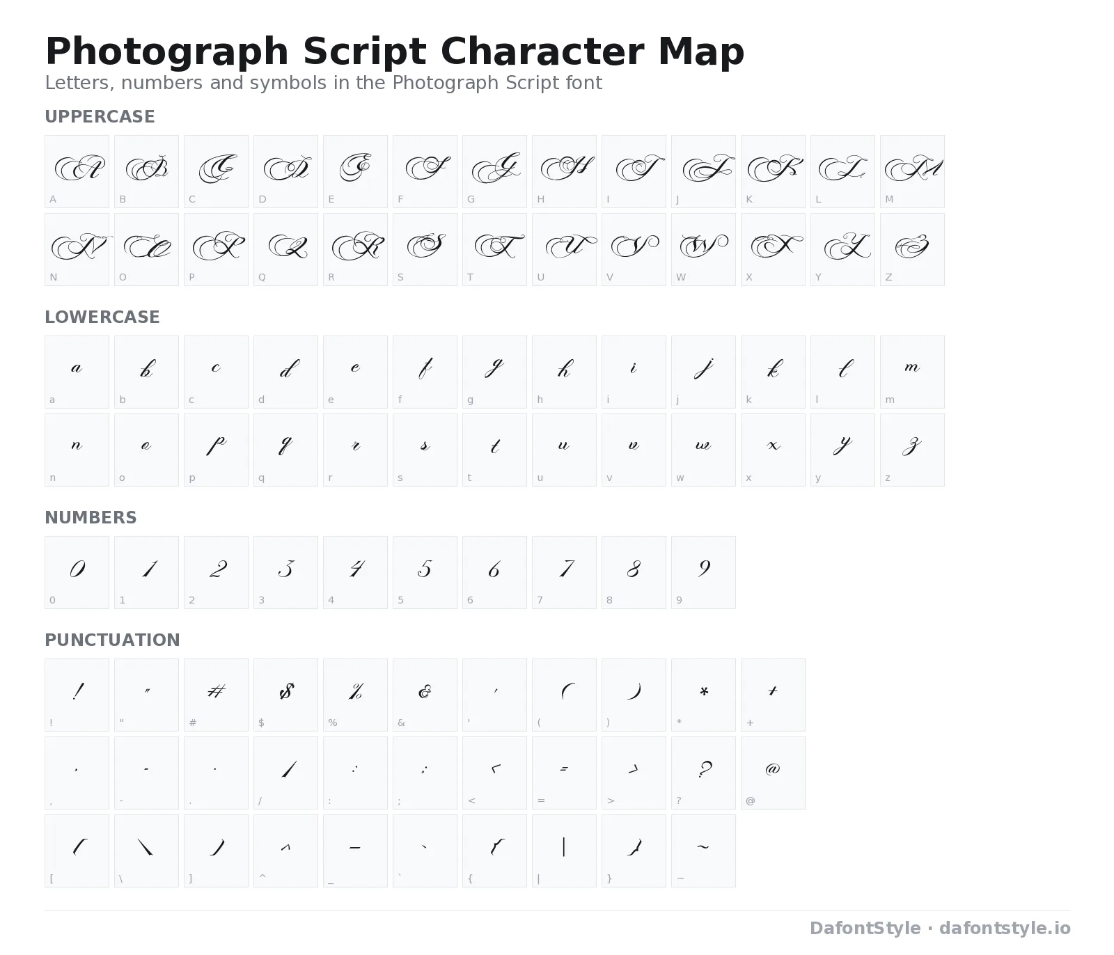 Photograph Script font character map with uppercase and lowercase letters, numbers and symbols