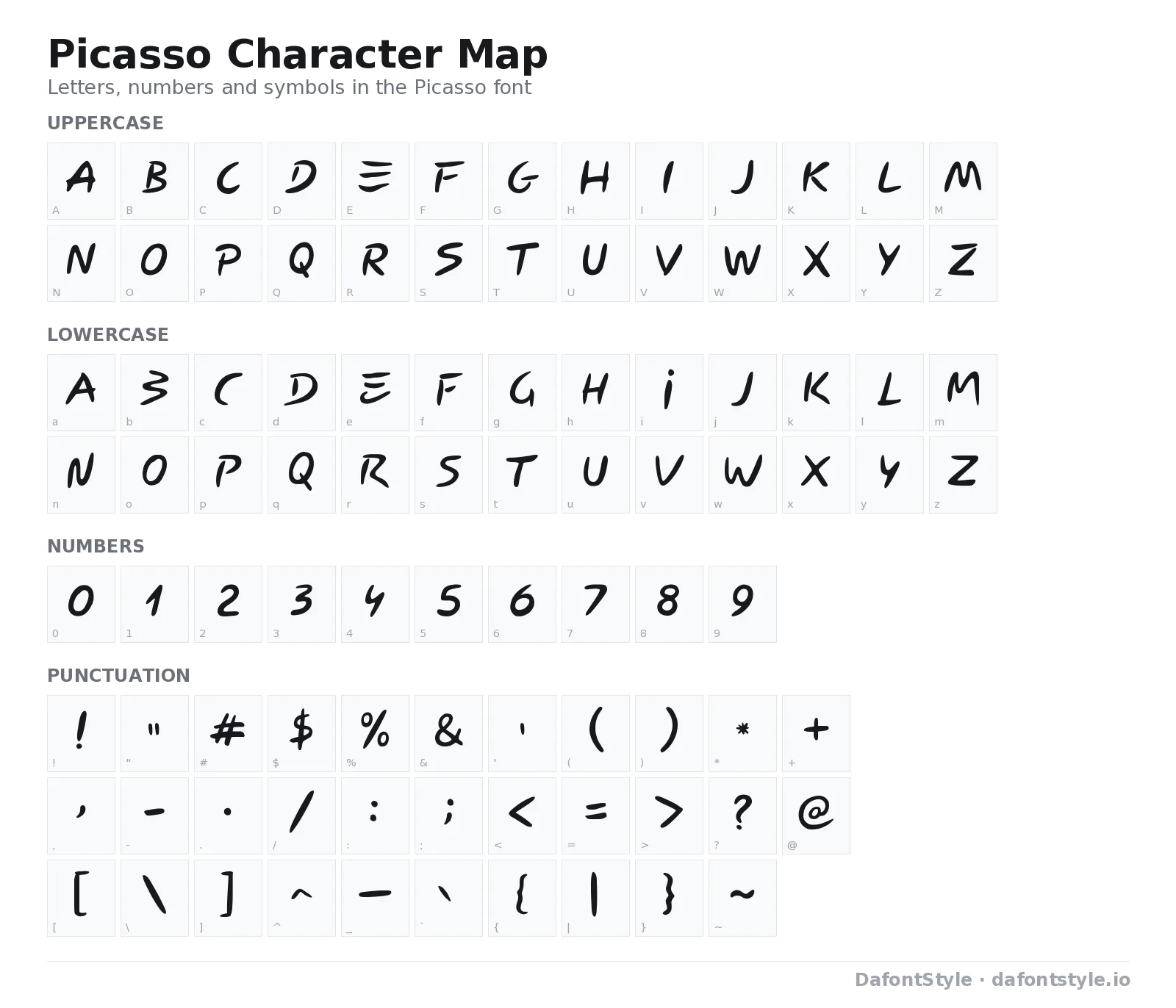 Picasso font character map with uppercase and lowercase letters, numbers and symbols
