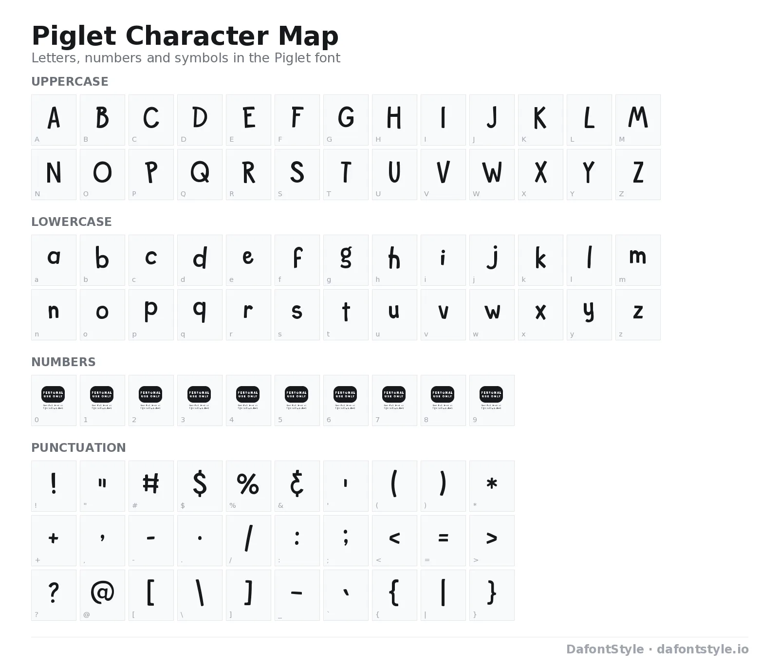 Piglet font character map with uppercase and lowercase letters, numbers and symbols