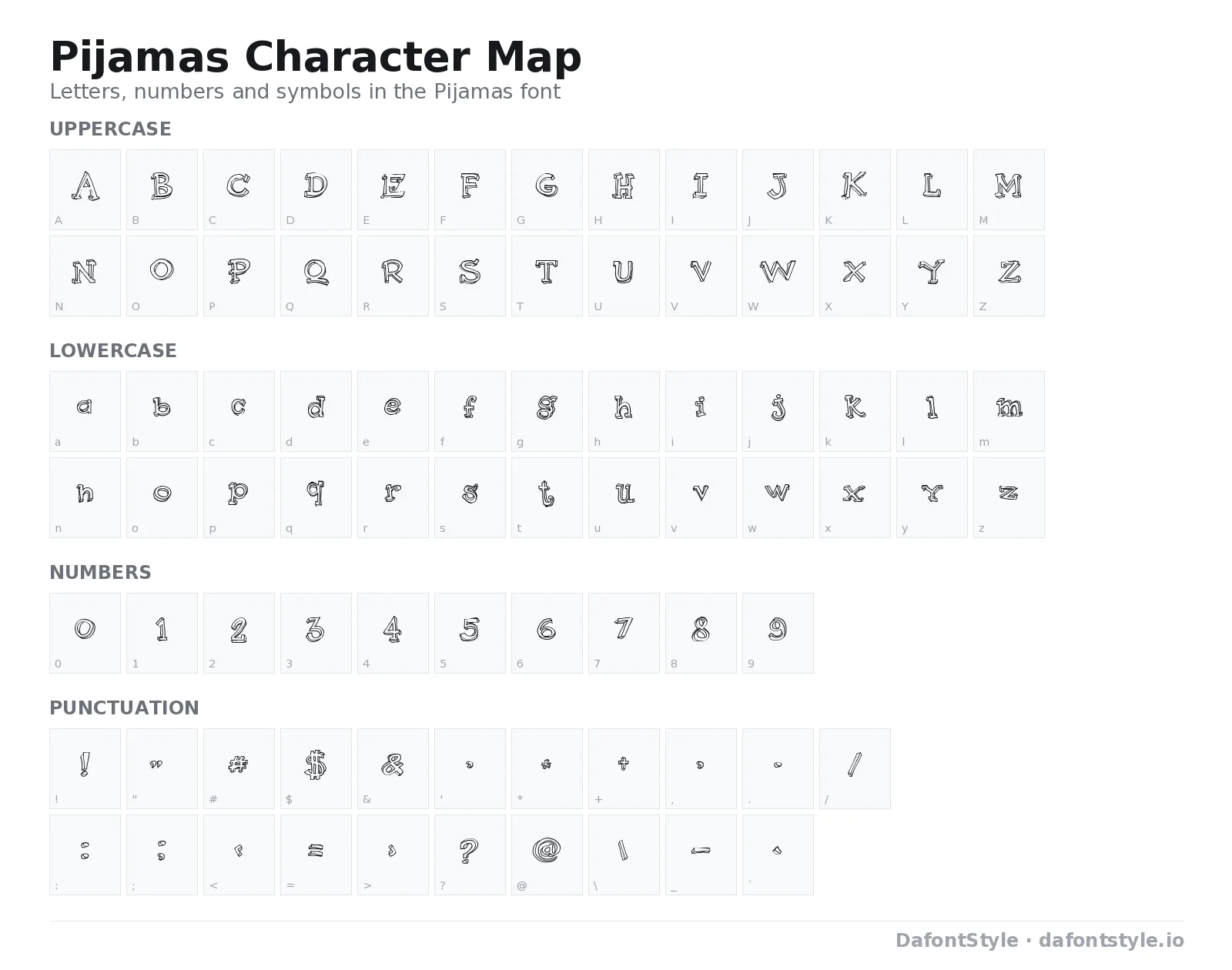 Pijamas font character map with uppercase and lowercase letters, numbers and symbols