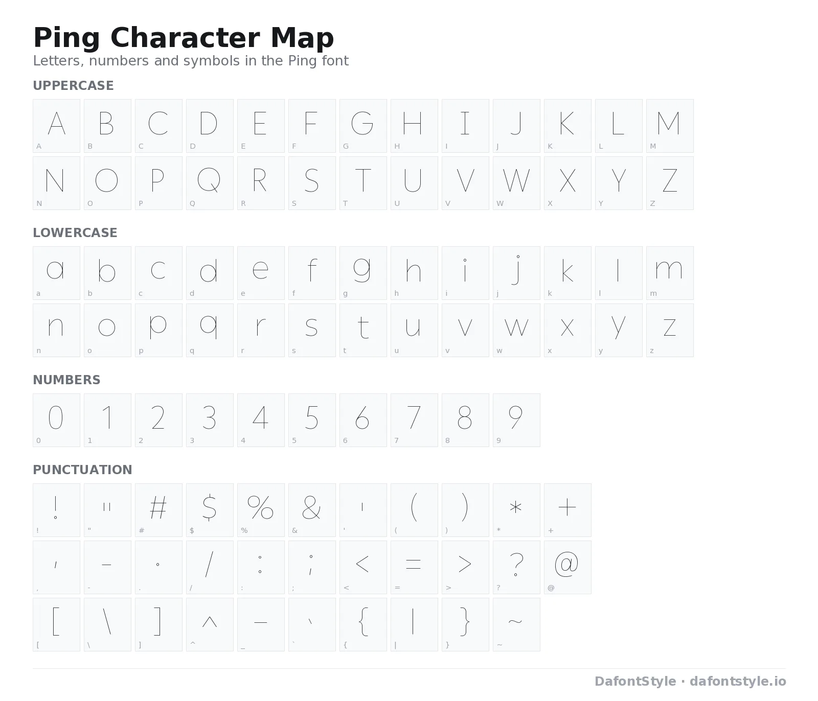 Ping font character map with uppercase and lowercase letters, numbers and symbols