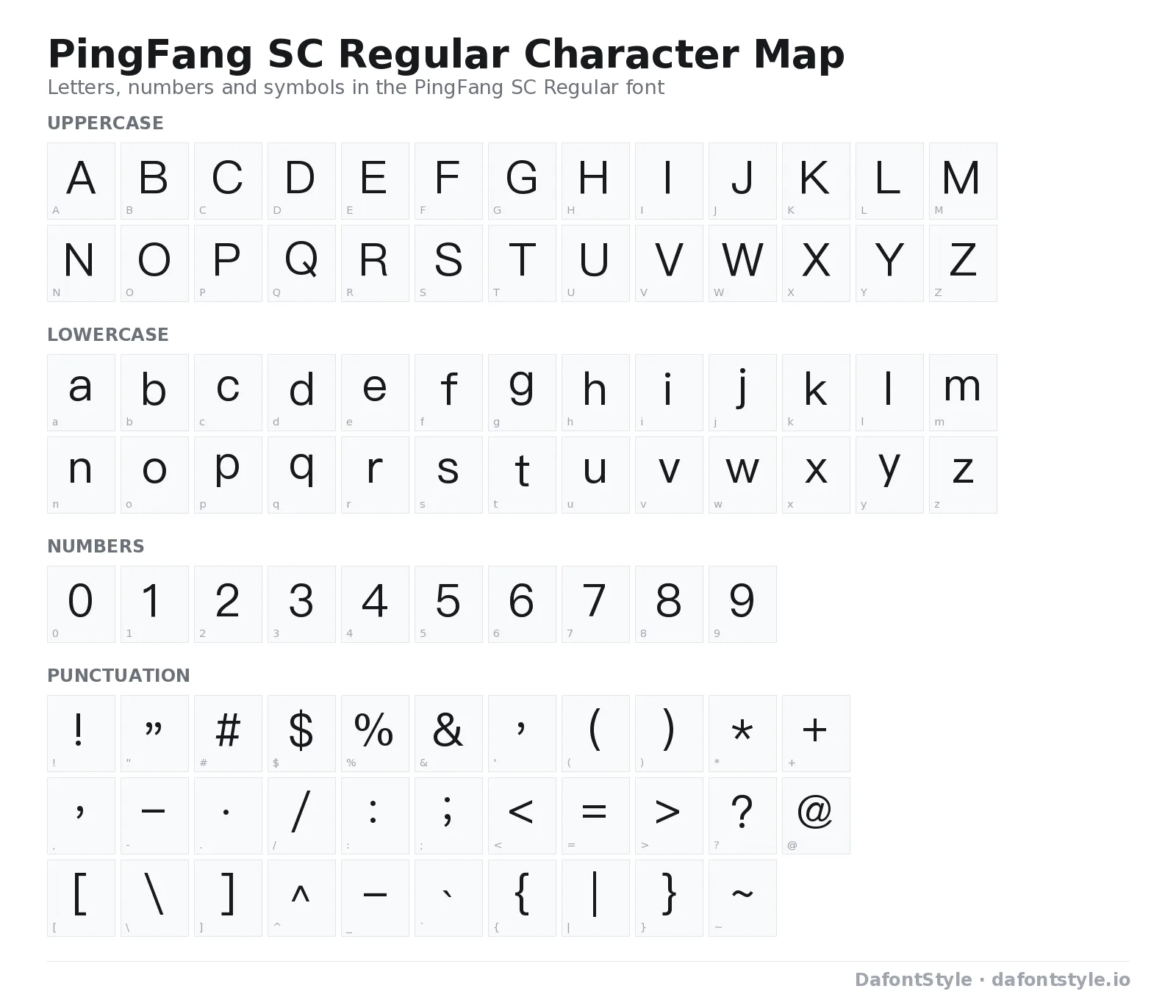 PingFang SC Regular font character map with uppercase and lowercase letters, numbers and symbols