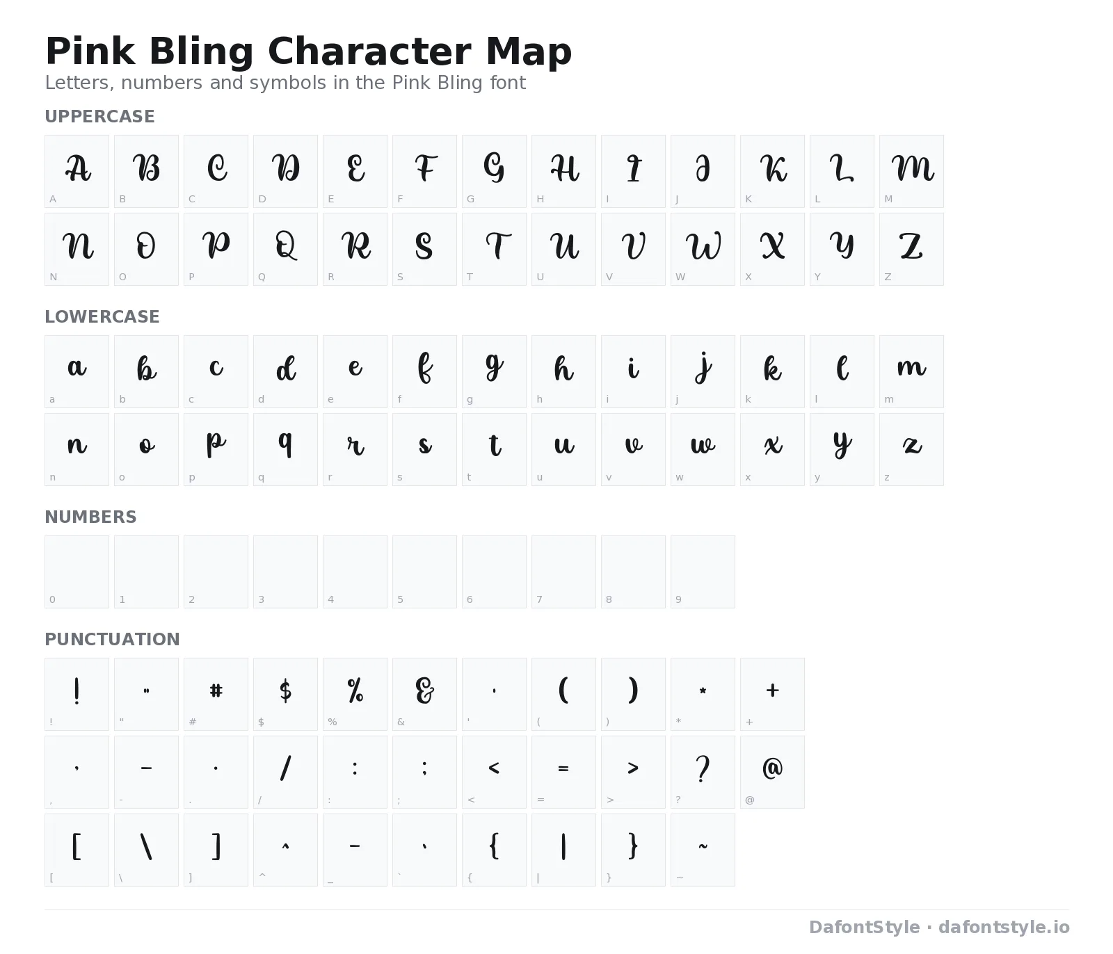 Pink Bling font character map with uppercase and lowercase letters, numbers and symbols