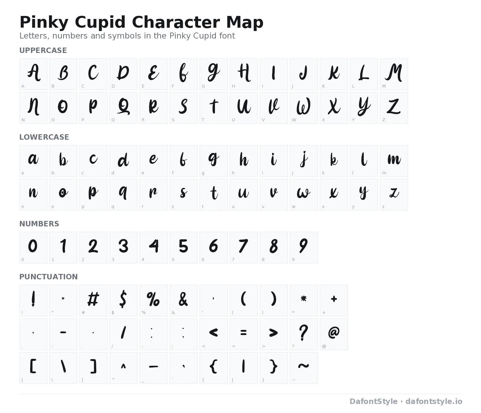 Pinky Cupid font character map with uppercase and lowercase letters, numbers and symbols