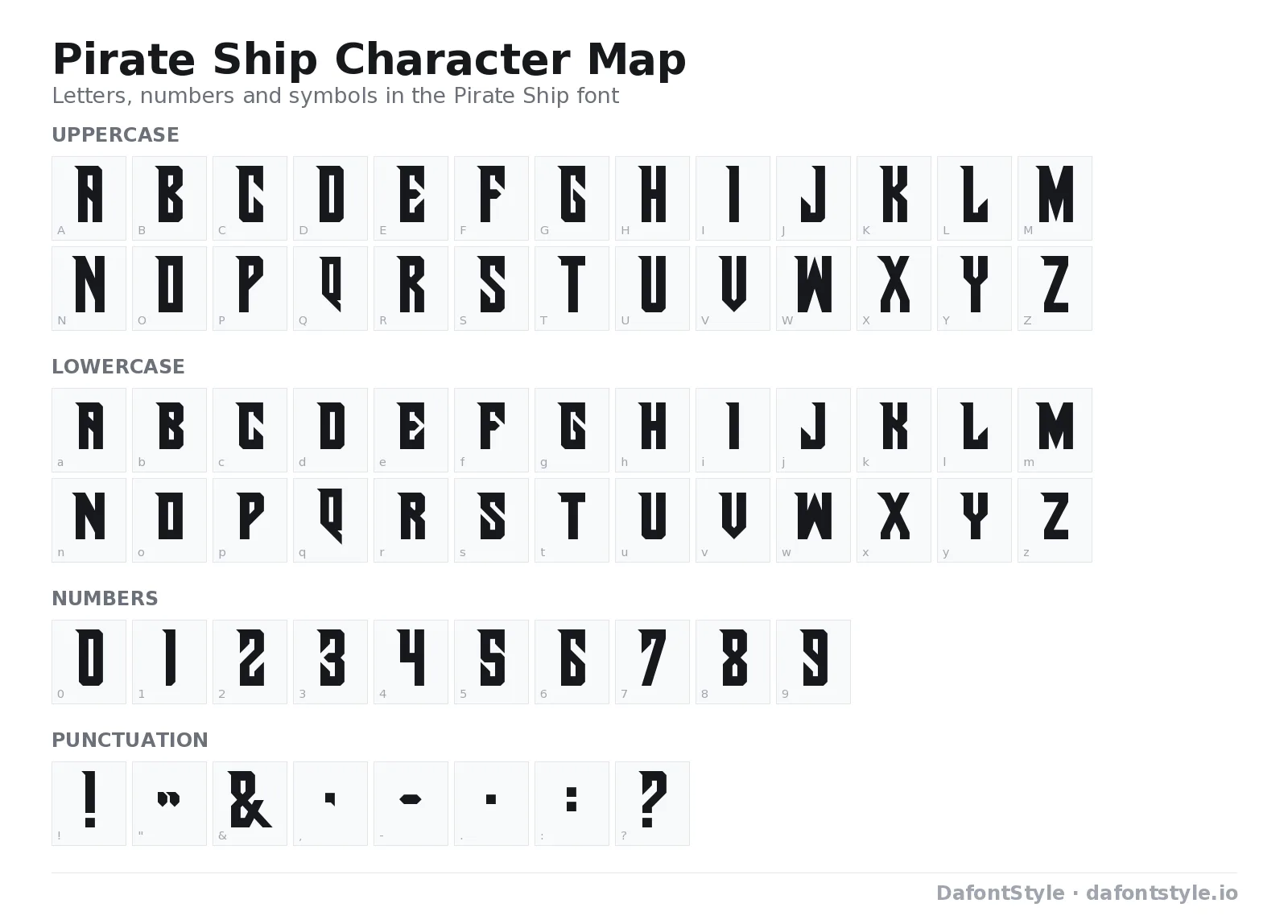 Pirate Ship font character map with uppercase and lowercase letters, numbers and symbols