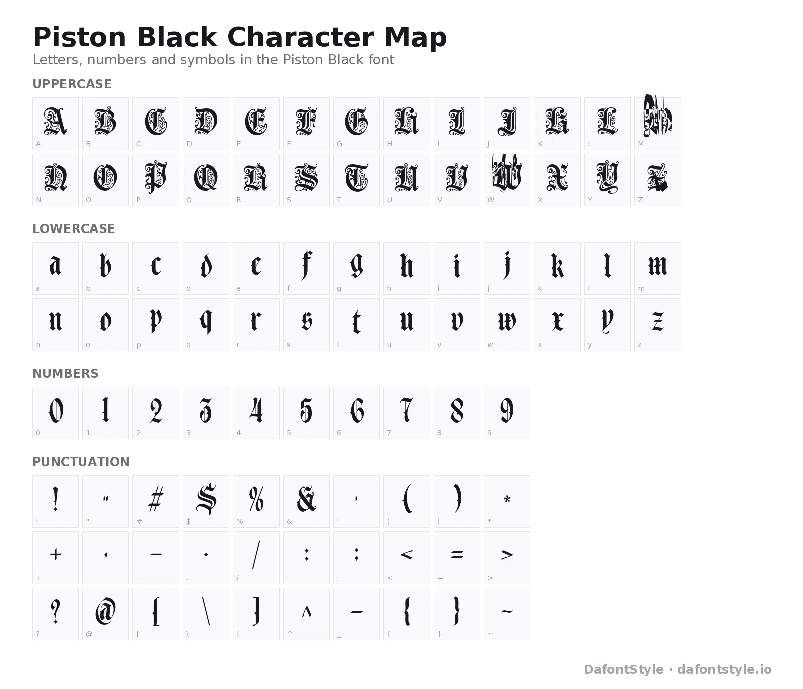 Piston Black font character map with uppercase and lowercase letters, numbers and symbols