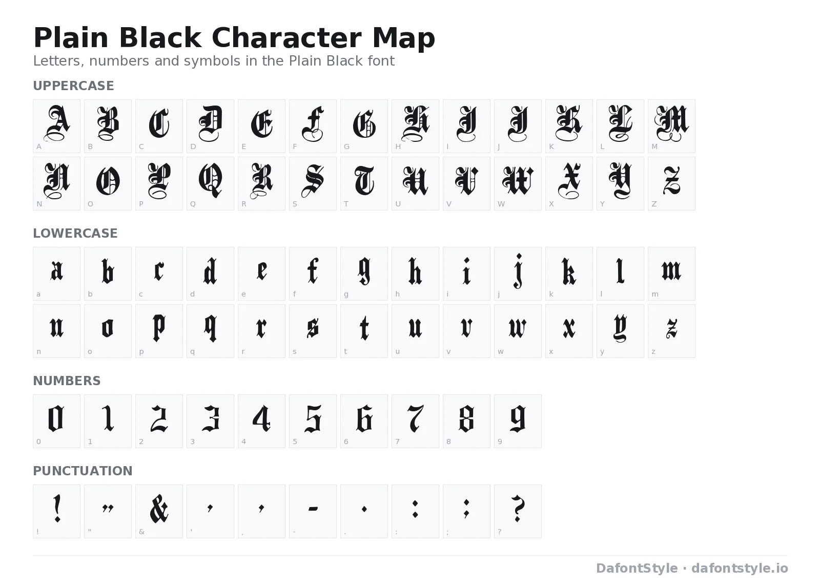 Plain Black font character map with uppercase and lowercase letters, numbers and symbols