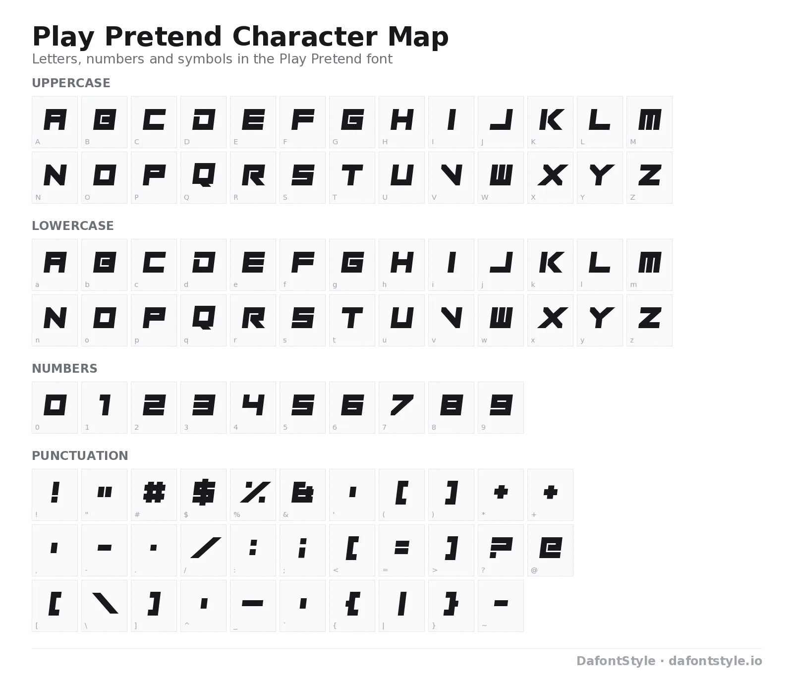 Play Pretend font character map with uppercase and lowercase letters, numbers and symbols