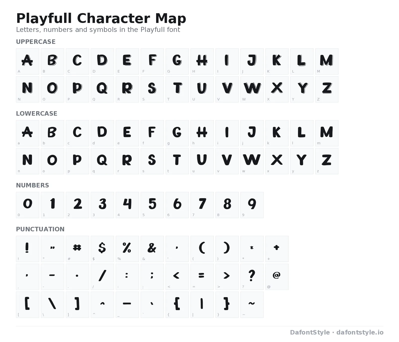 Playfull font character map with uppercase and lowercase letters, numbers and symbols