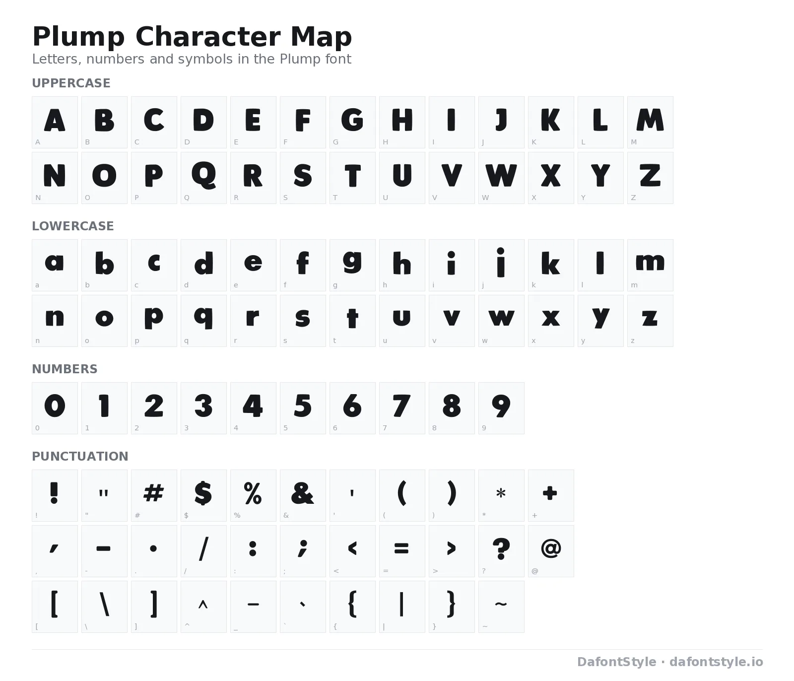 Plump font character map with uppercase and lowercase letters, numbers and symbols
