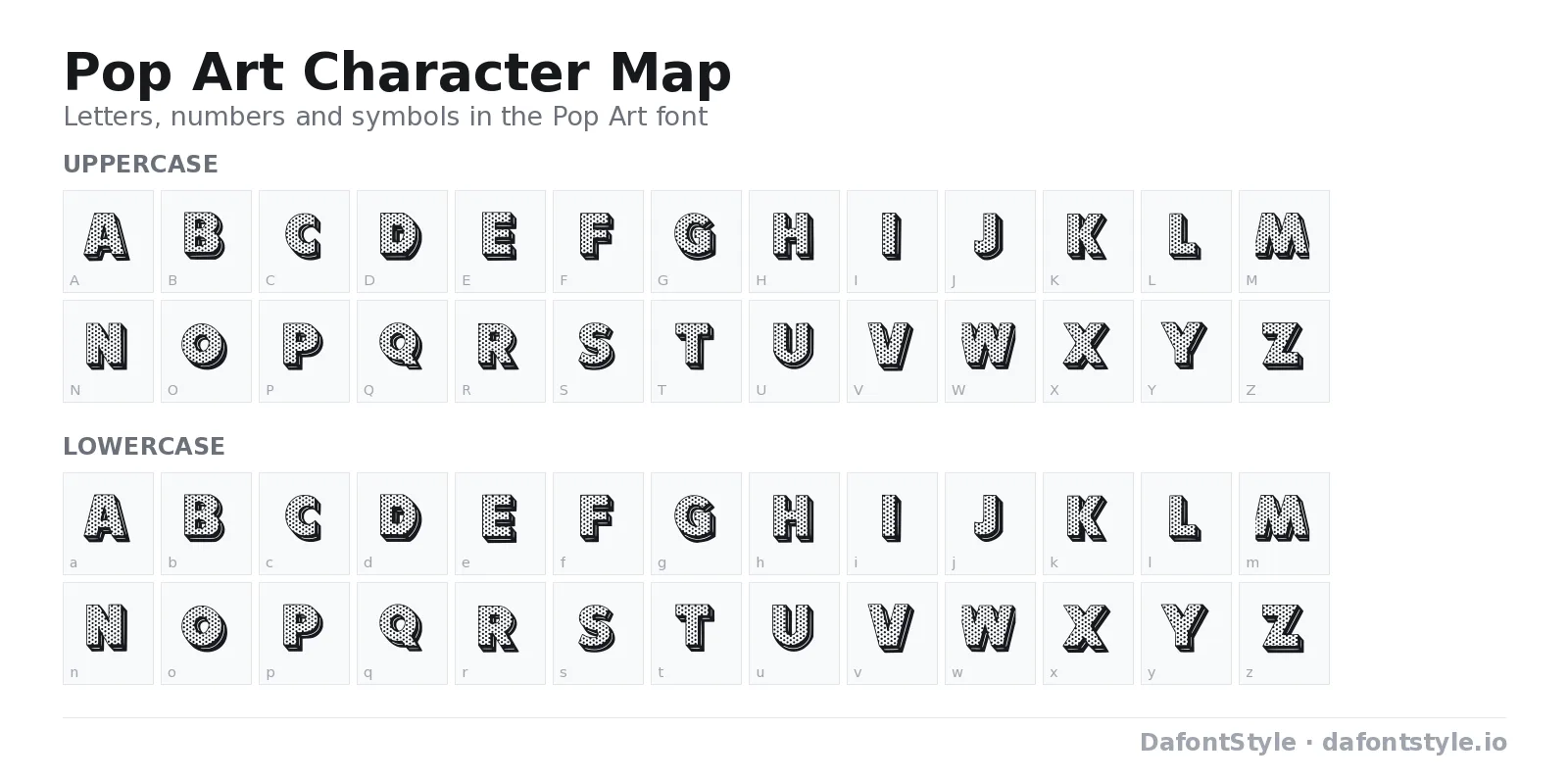 Pop Art font character map with uppercase and lowercase letters, numbers and symbols