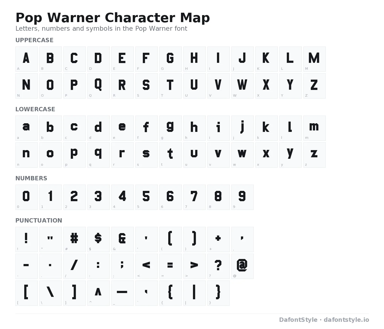 Pop Warner font character map with uppercase and lowercase letters, numbers and symbols