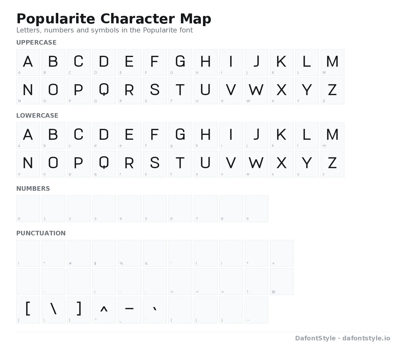 Popularite font character map with uppercase and lowercase letters, numbers and symbols