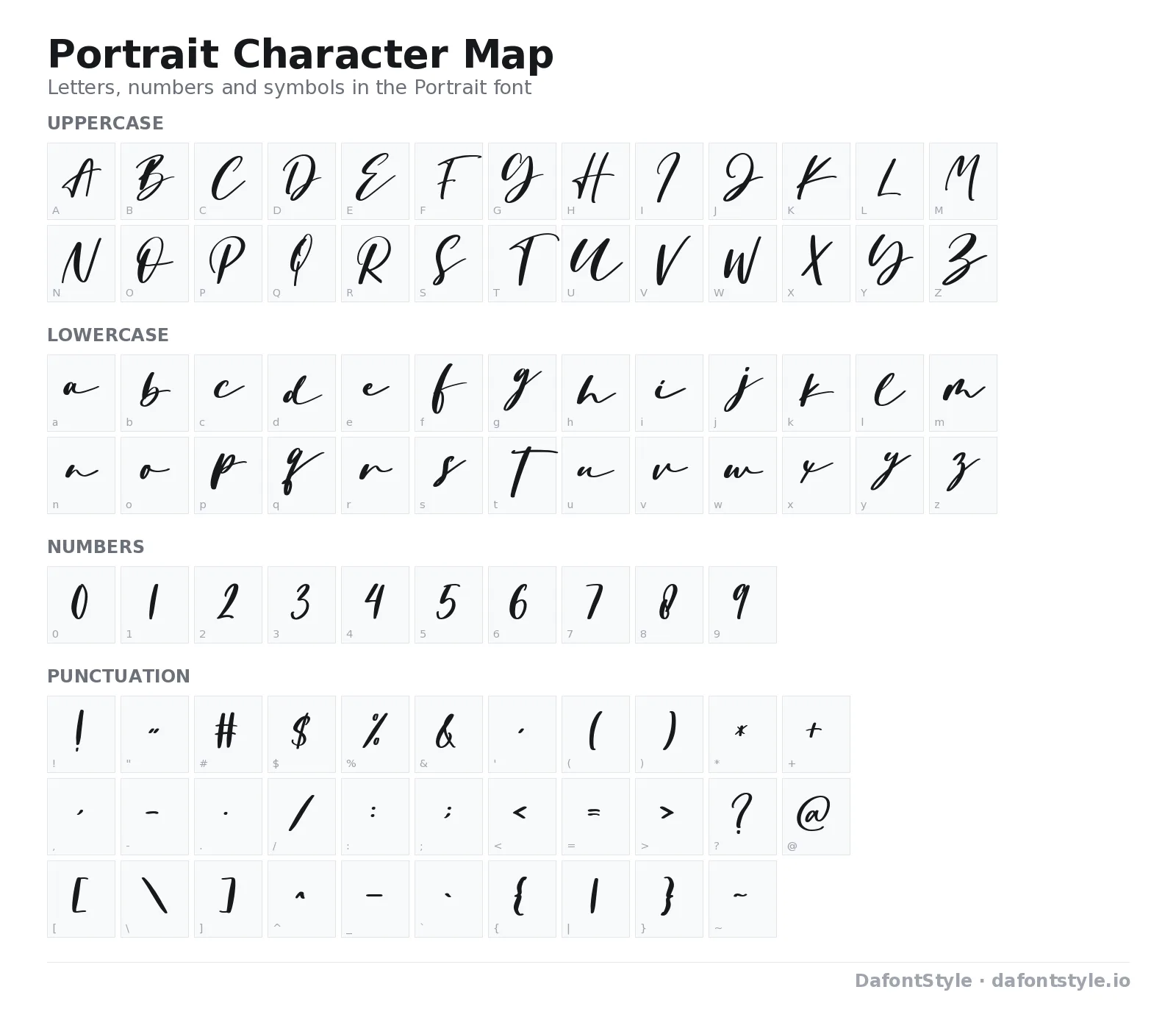 Portrait font character map with uppercase and lowercase letters, numbers and symbols