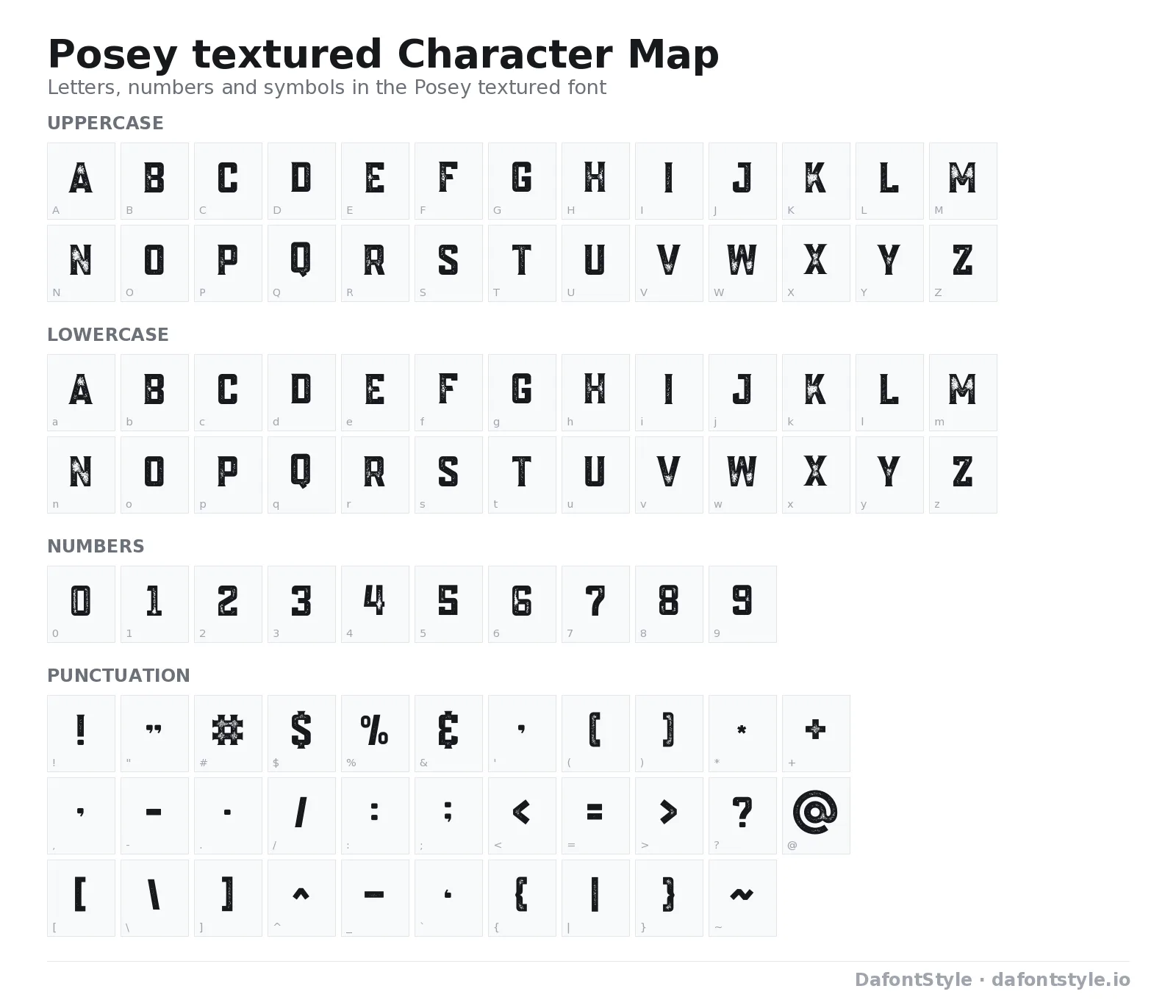 Posey textured font character map with uppercase and lowercase letters, numbers and symbols