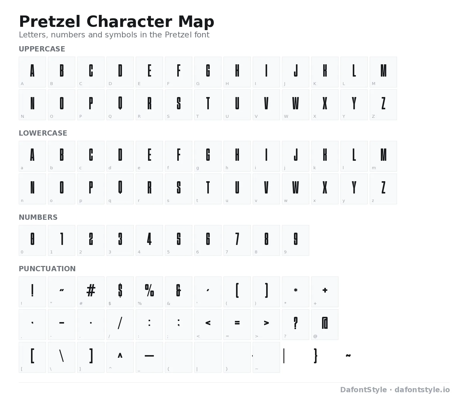 Pretzel font character map with uppercase and lowercase letters, numbers and symbols