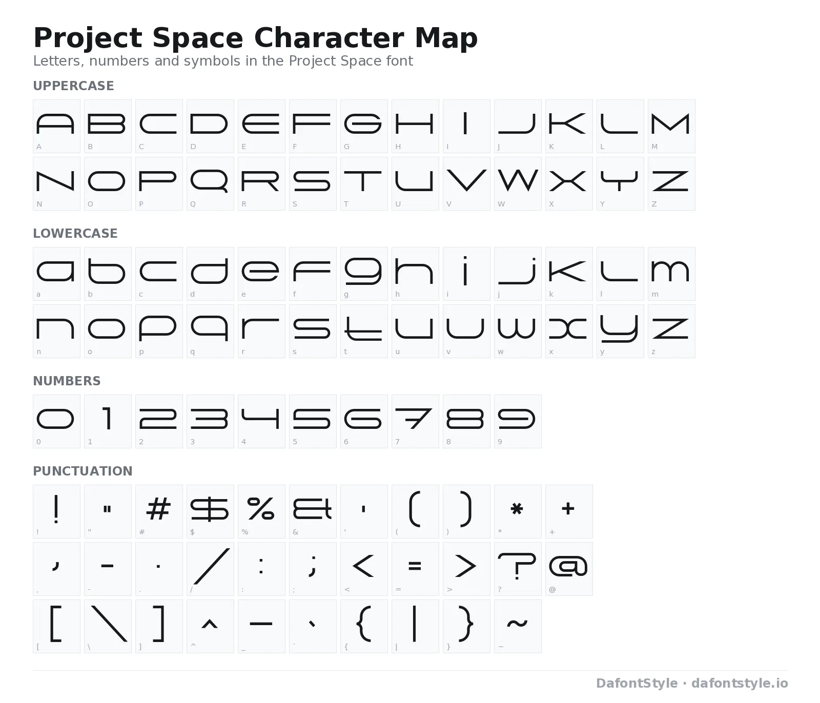 Project Space font character map with uppercase and lowercase letters, numbers and symbols