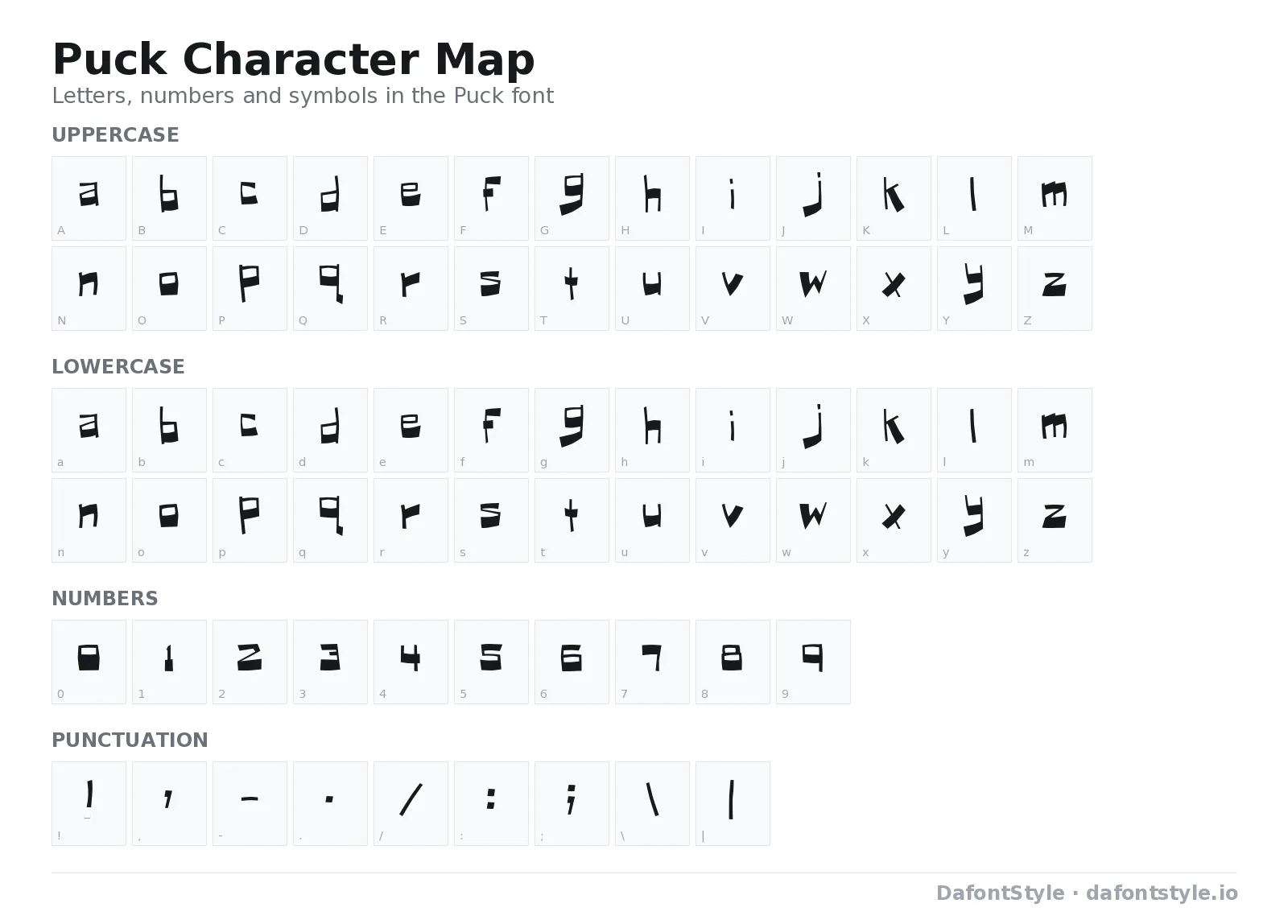 Puck font character map with uppercase and lowercase letters, numbers and symbols