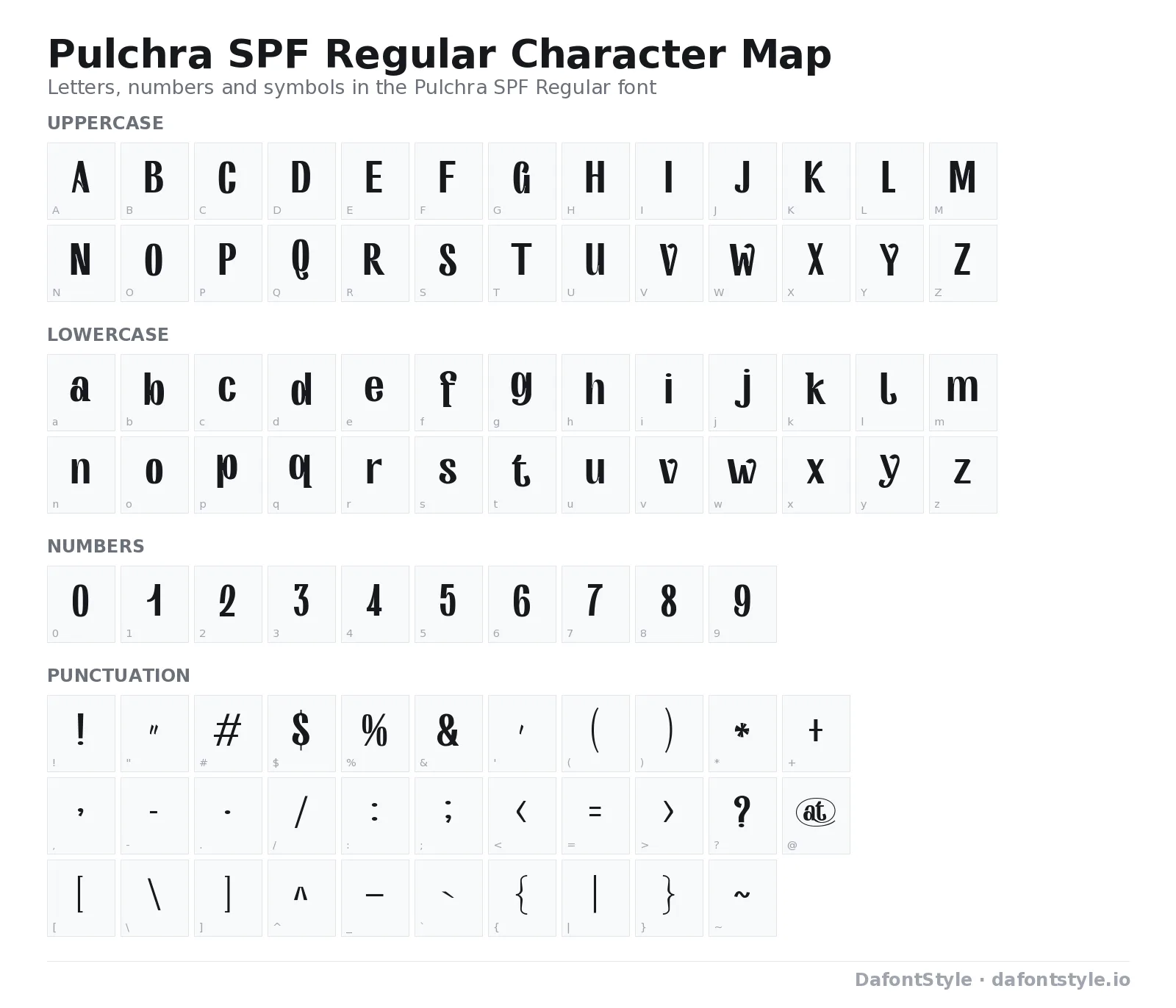 Pulchra SPF Regular font character map with uppercase and lowercase letters, numbers and symbols