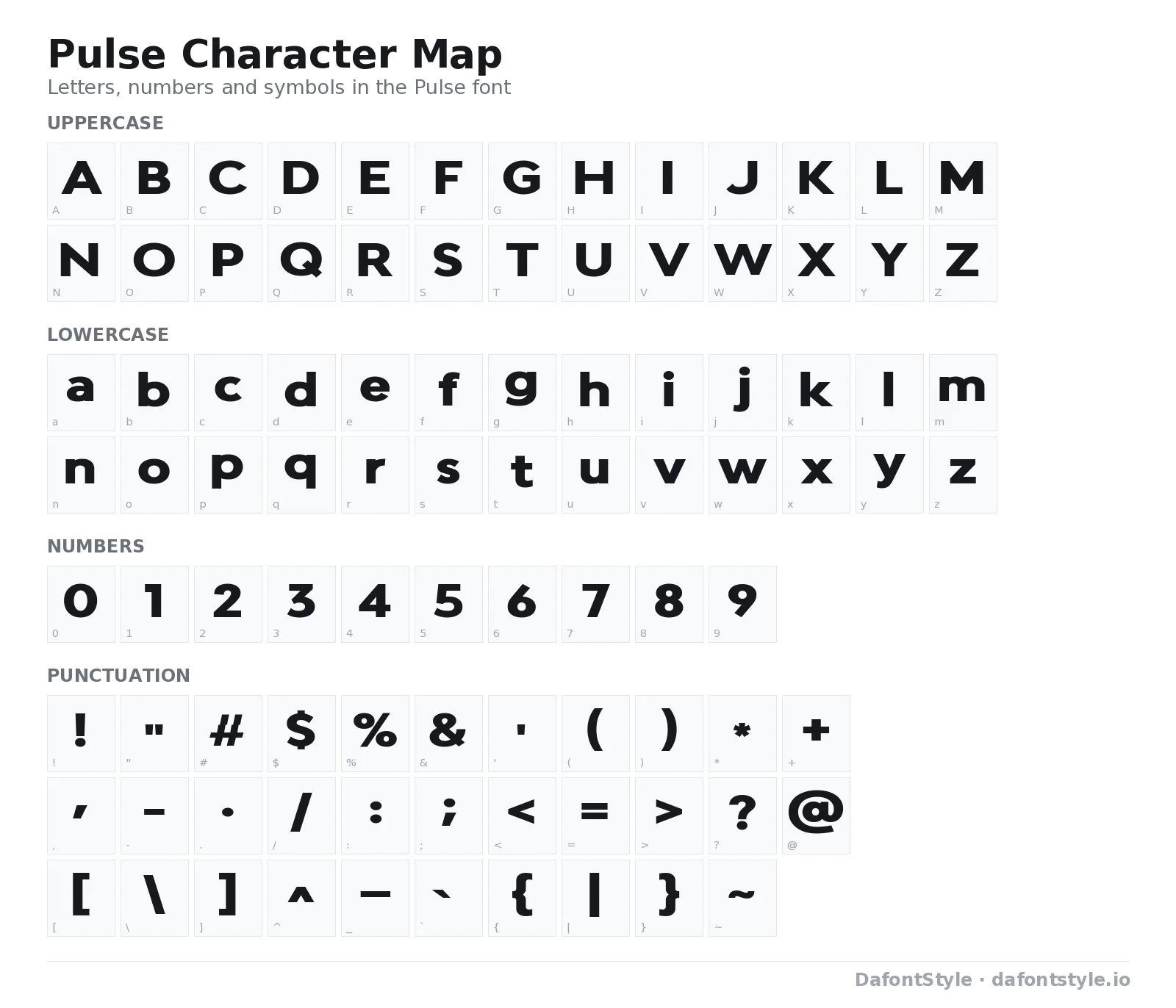 Pulse font character map with uppercase and lowercase letters, numbers and symbols