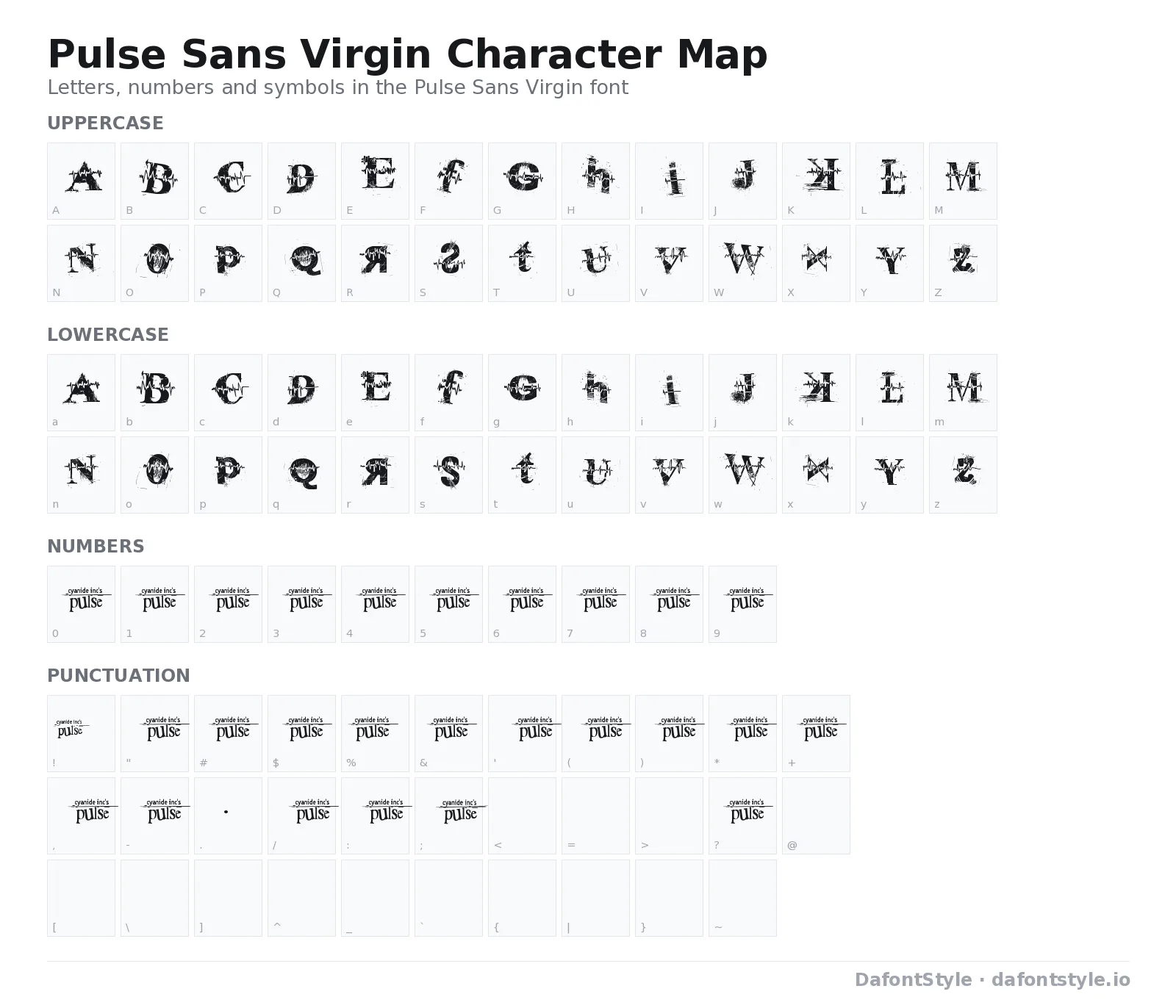 Pulse Sans Virgin font character map with uppercase and lowercase letters, numbers and symbols