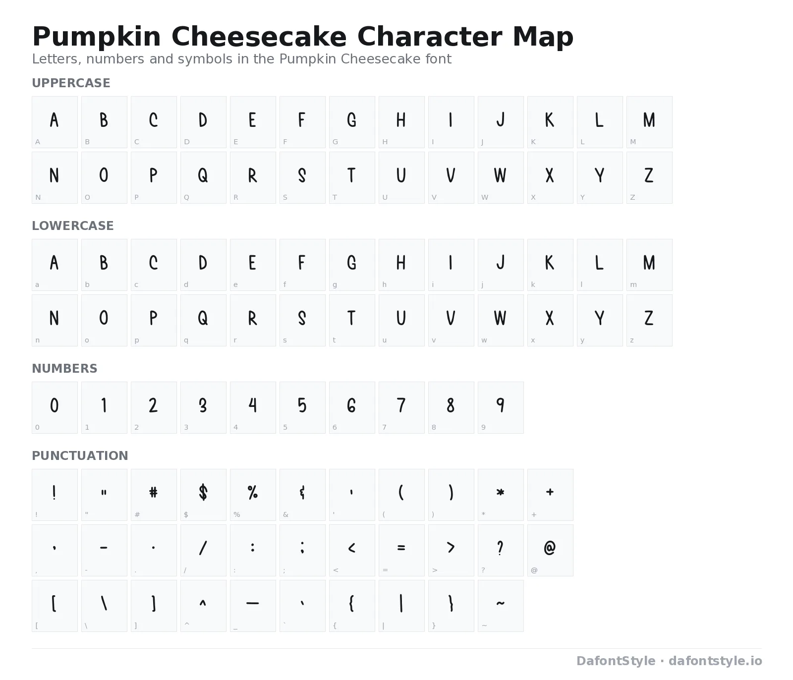 Pumpkin Cheesecake font character map with uppercase and lowercase letters, numbers and symbols