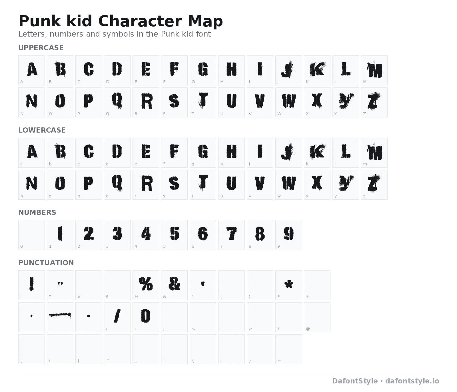 Punk kid font character map with uppercase and lowercase letters, numbers and symbols