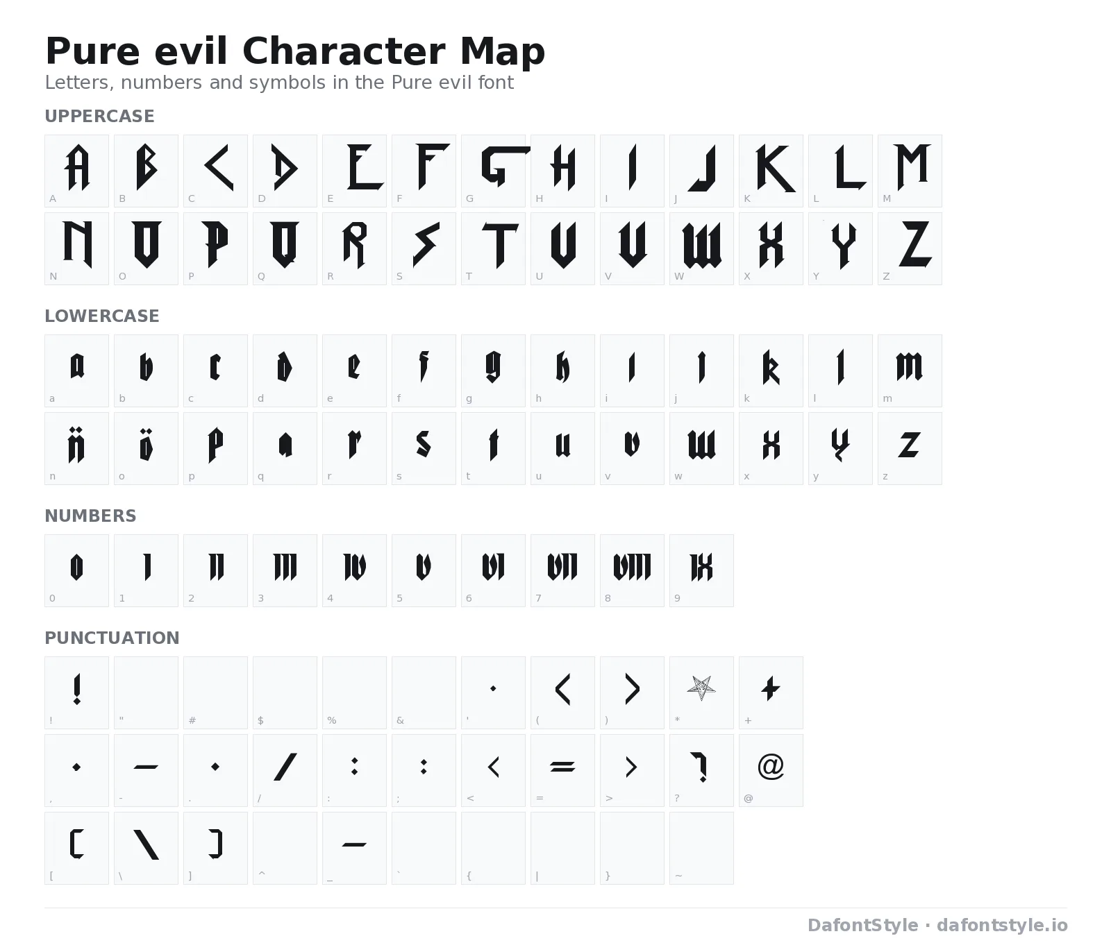 Pure evil font character map with uppercase and lowercase letters, numbers and symbols