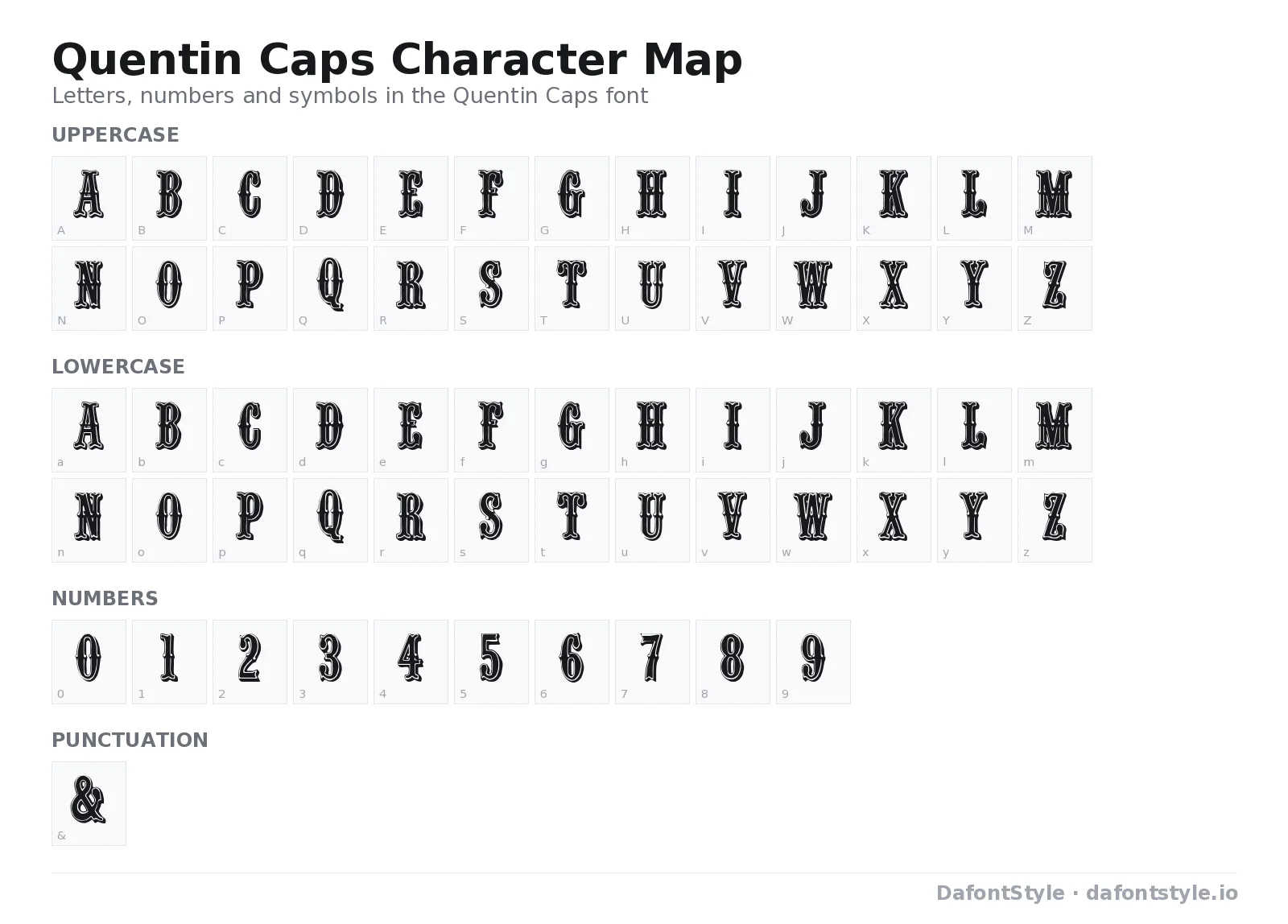 Quentin Caps font character map with uppercase and lowercase letters, numbers and symbols