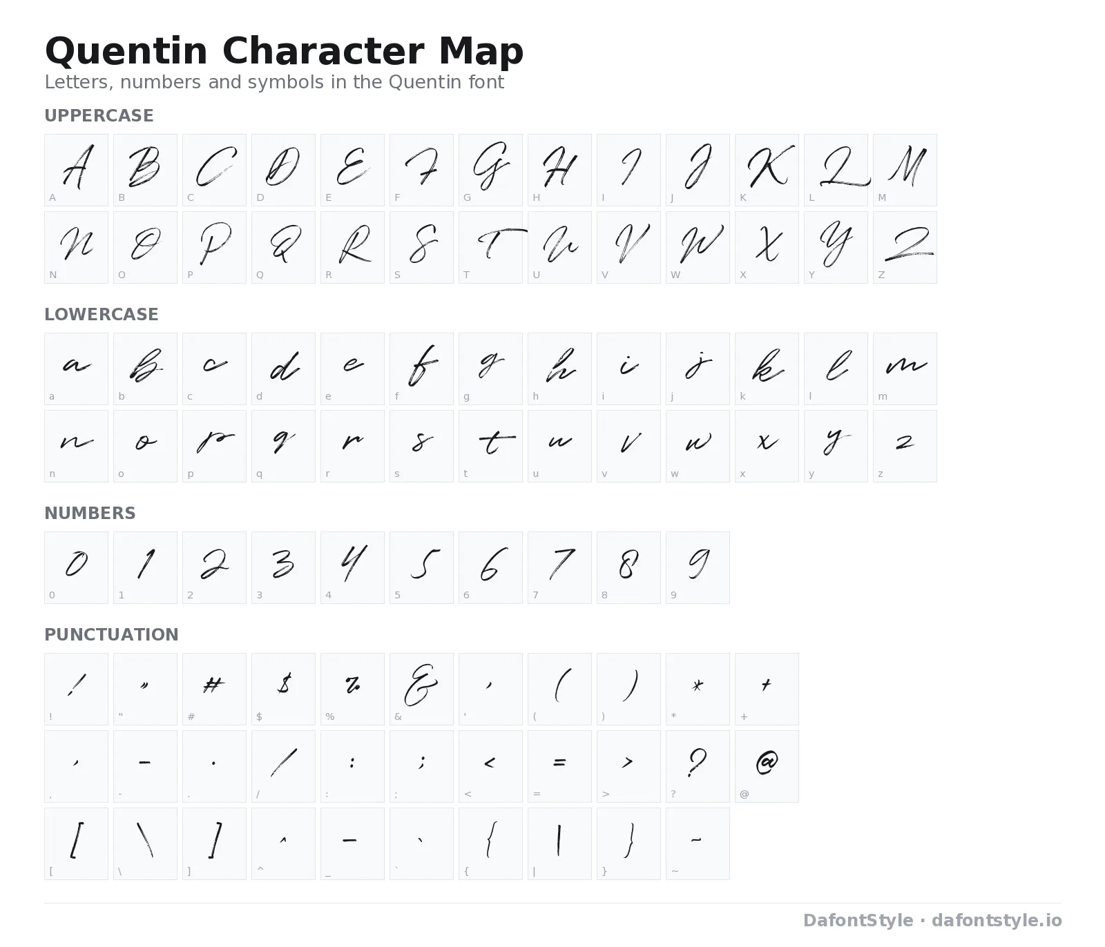 Quentin font character map with uppercase and lowercase letters, numbers and symbols