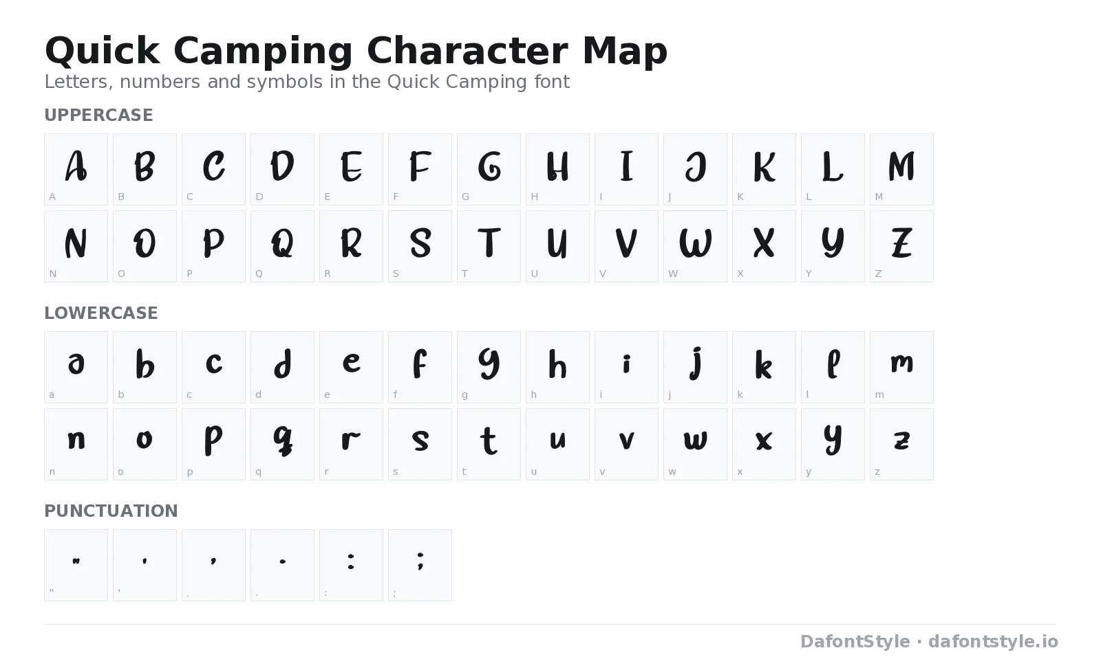 Quick Camping font character map with uppercase and lowercase letters, numbers and symbols