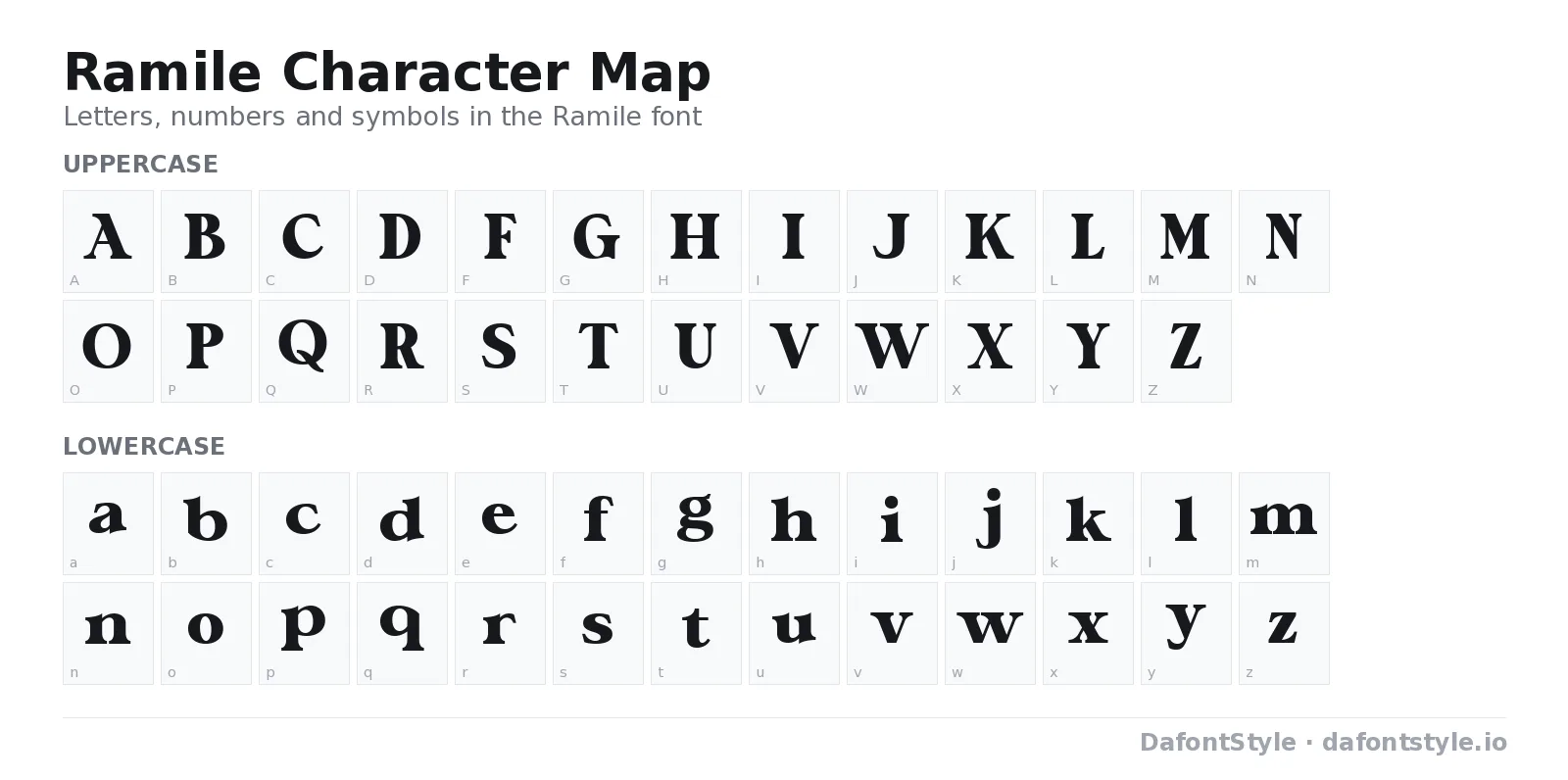 Ramile font character map with uppercase and lowercase letters, numbers and symbols