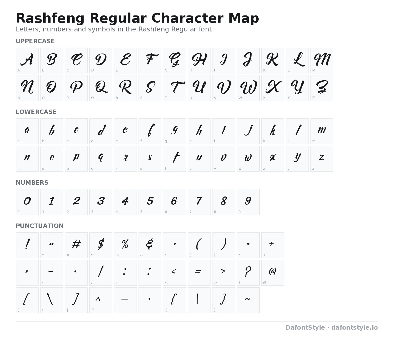 Rashfeng Regular font character map with uppercase and lowercase letters, numbers and symbols