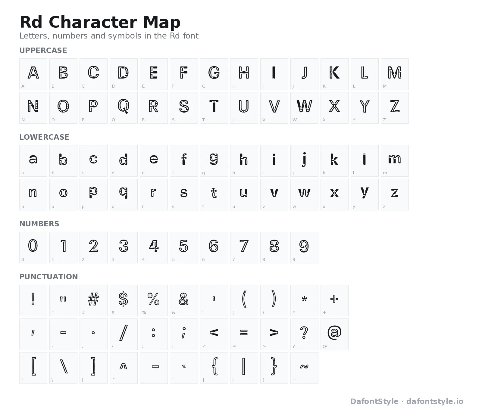 Rd font character map with uppercase and lowercase letters, numbers and symbols
