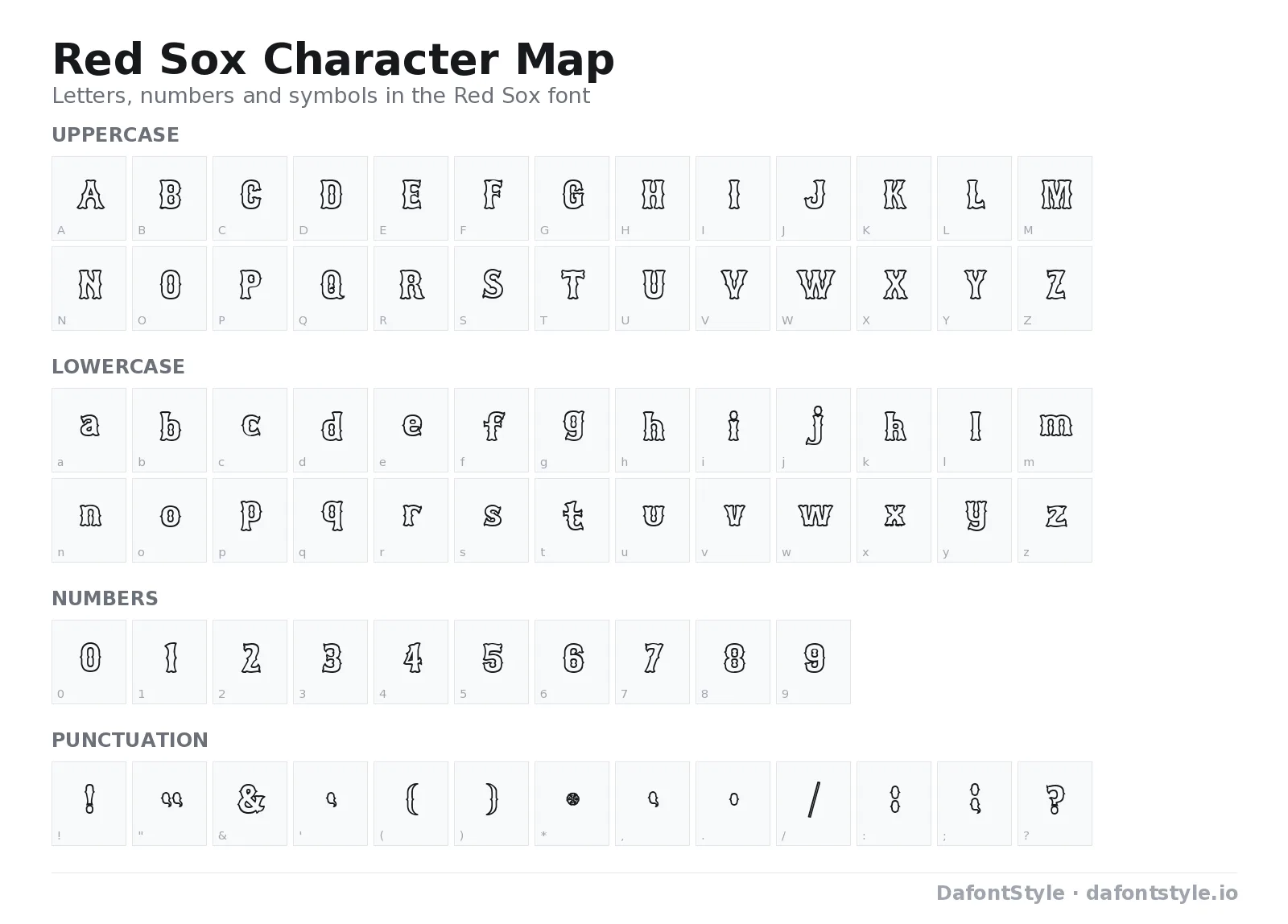 Red Sox font character map with uppercase and lowercase letters, numbers and symbols