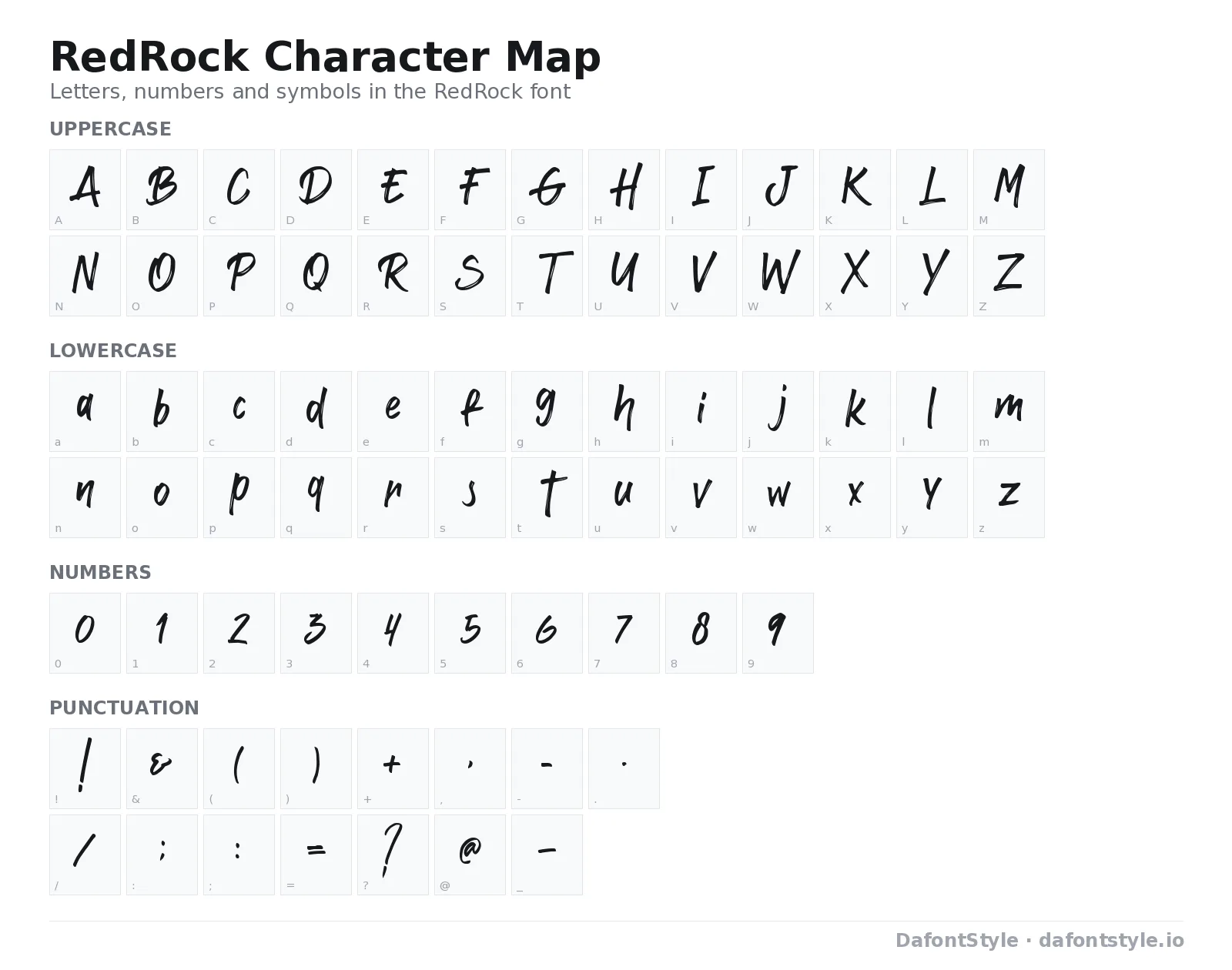 RedRock font character map with uppercase and lowercase letters, numbers and symbols