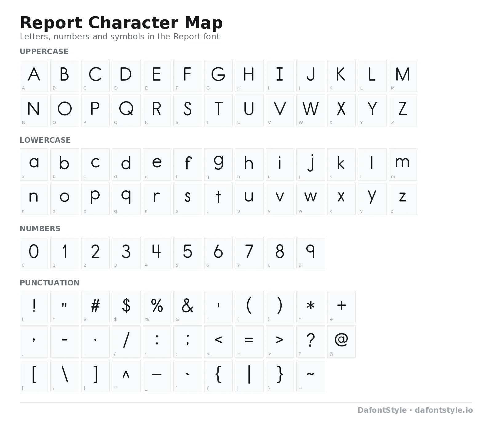 Report font character map with uppercase and lowercase letters, numbers and symbols