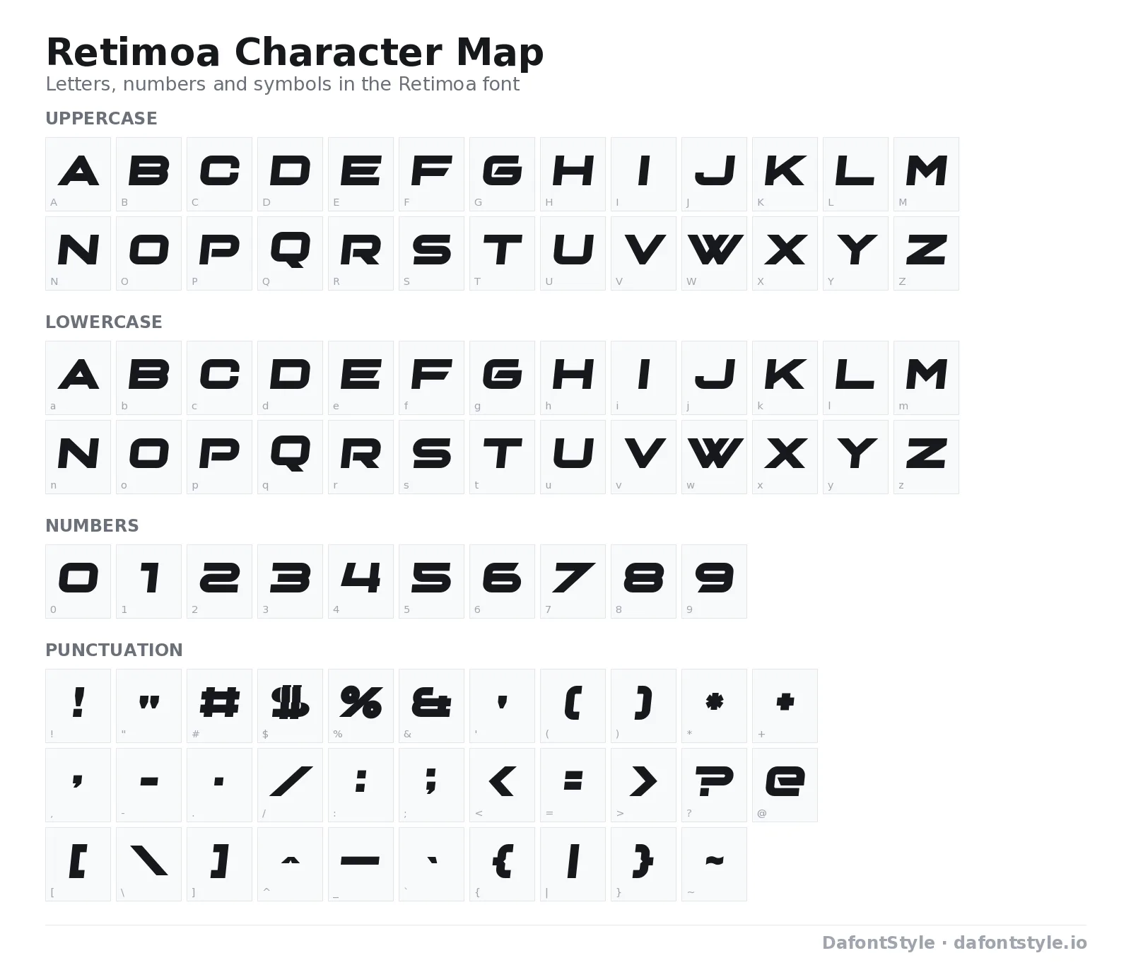 Retimoa font character map with uppercase and lowercase letters, numbers and symbols