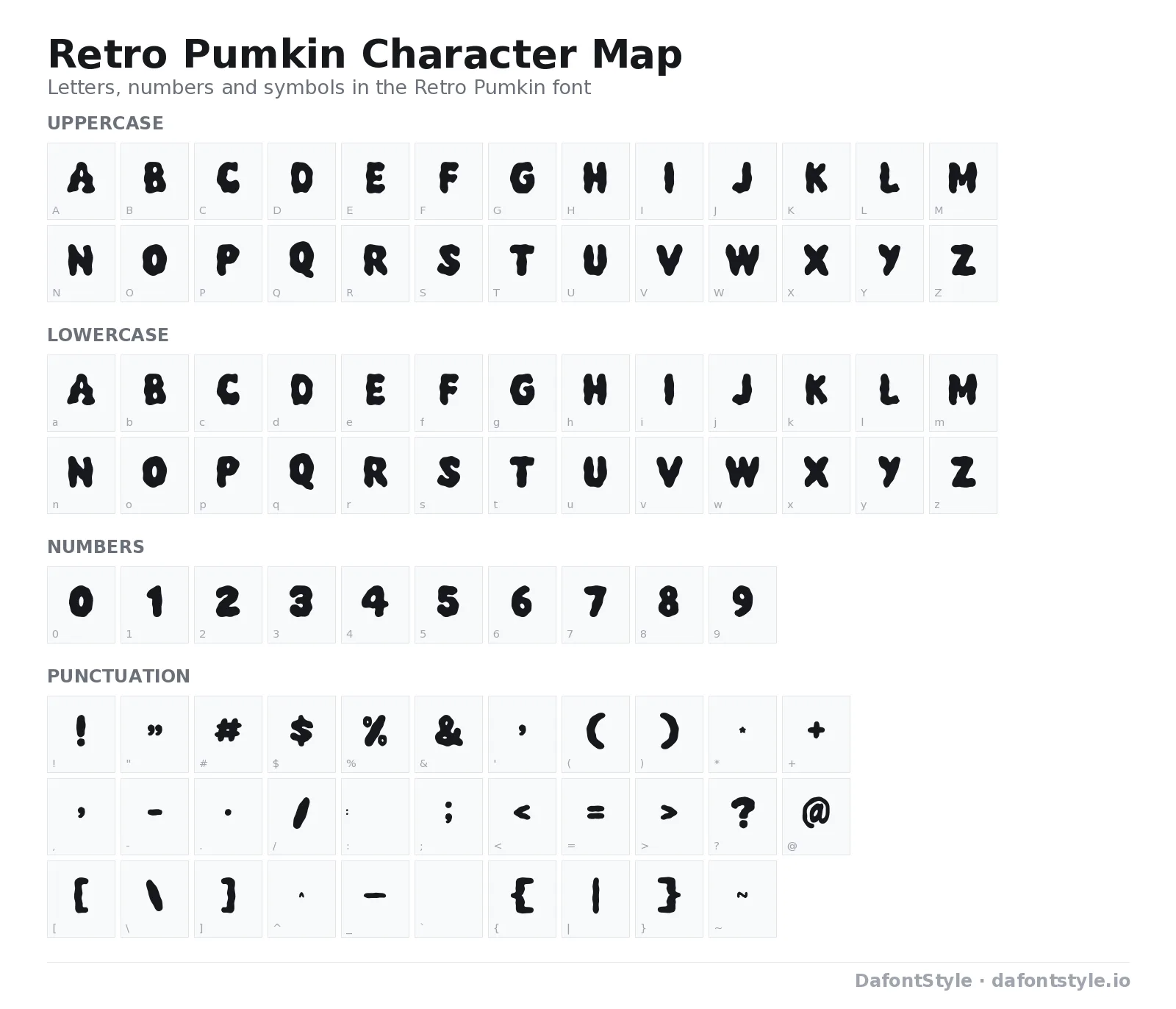 Retro Pumkin font character map with uppercase and lowercase letters, numbers and symbols