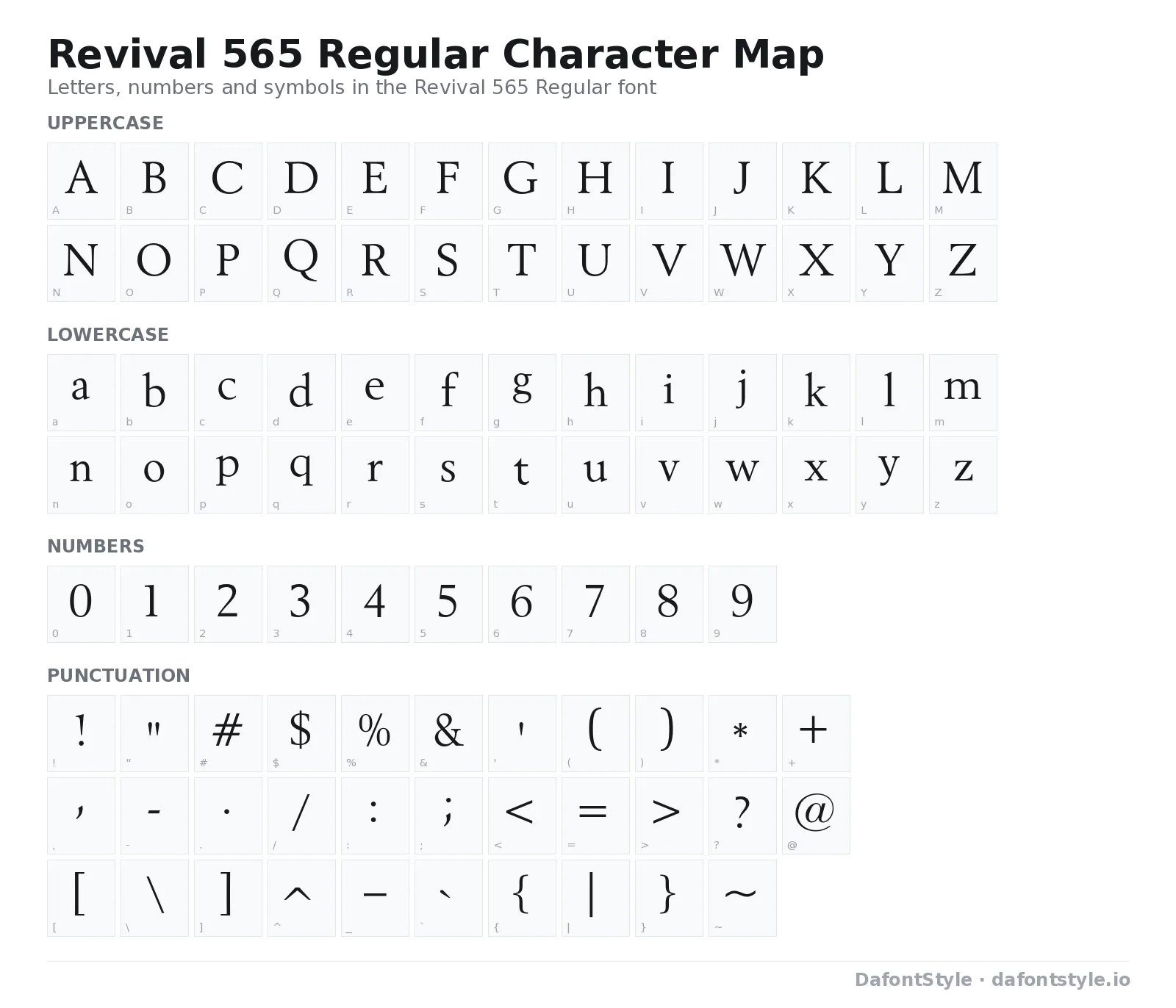 Revival 565 Regular font character map with uppercase and lowercase letters, numbers and symbols