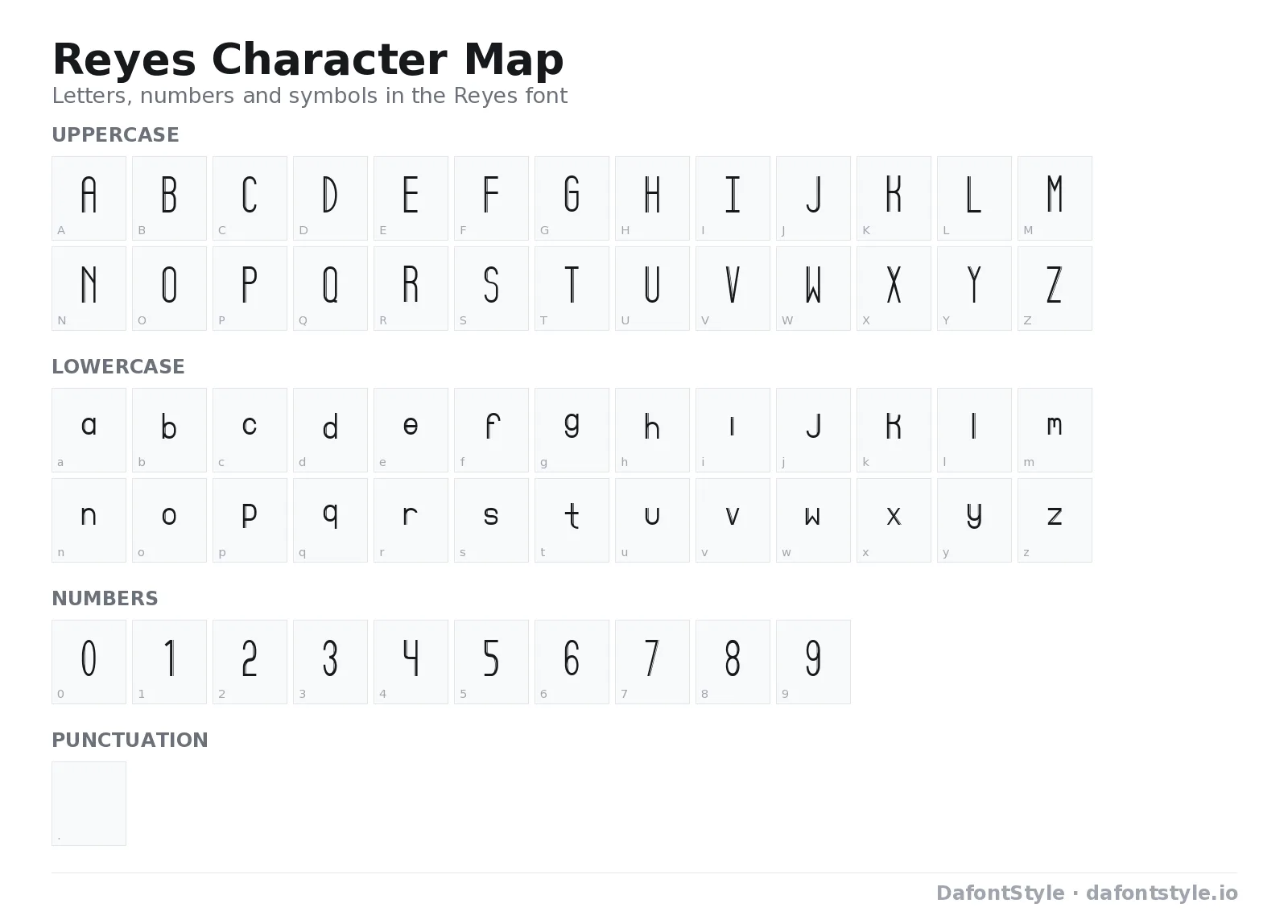 Reyes font character map with uppercase and lowercase letters, numbers and symbols