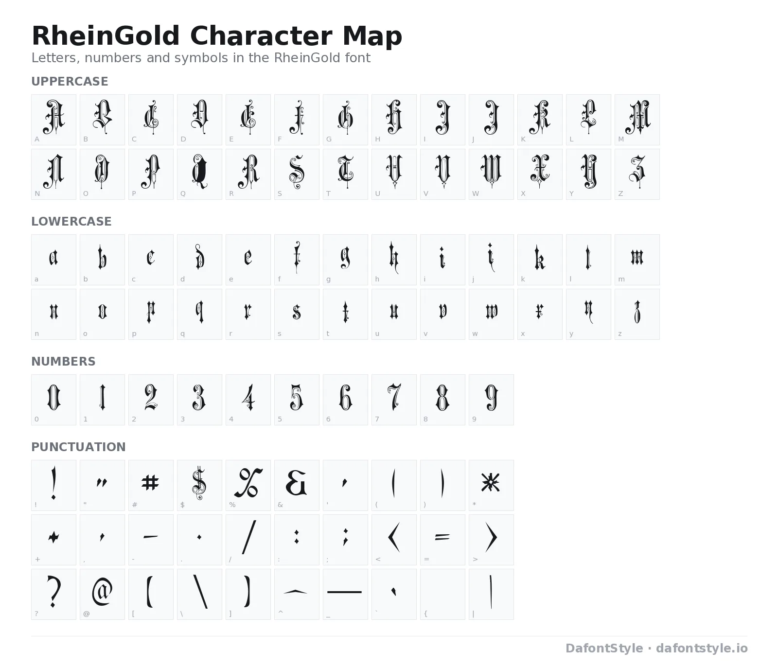 RheinGold font character map with uppercase and lowercase letters, numbers and symbols