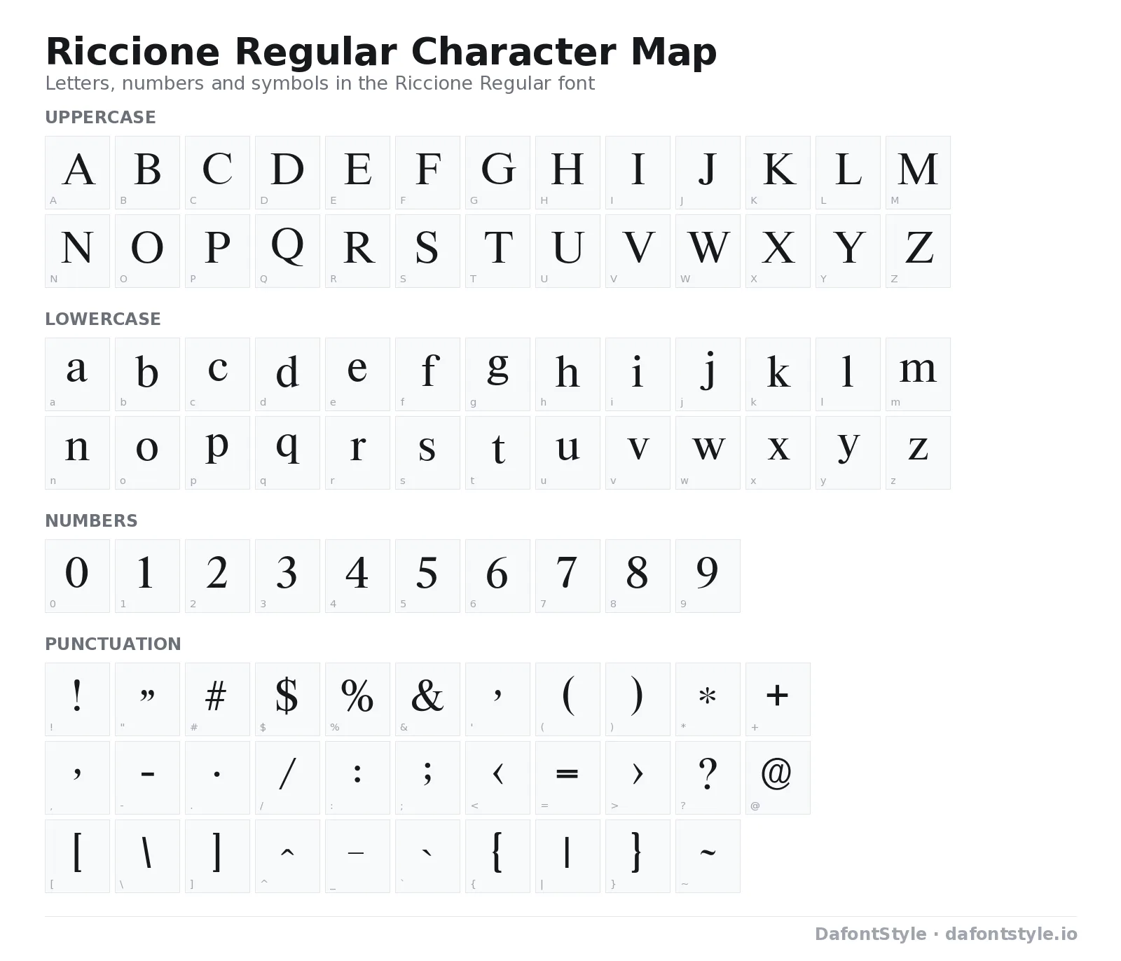 Riccione Regular font character map with uppercase and lowercase letters, numbers and symbols