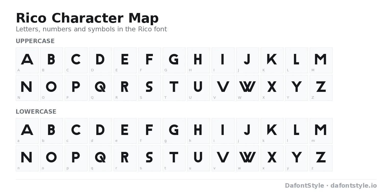 Rico font character map with uppercase and lowercase letters, numbers and symbols