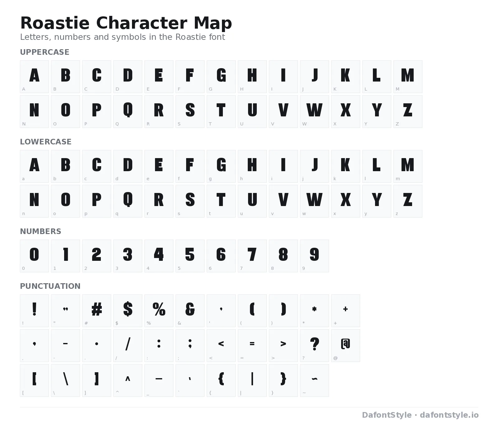 Roastie font character map with uppercase and lowercase letters, numbers and symbols