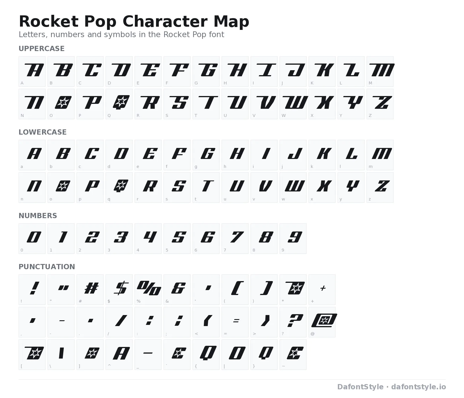 Rocket Pop font character map with uppercase and lowercase letters, numbers and symbols